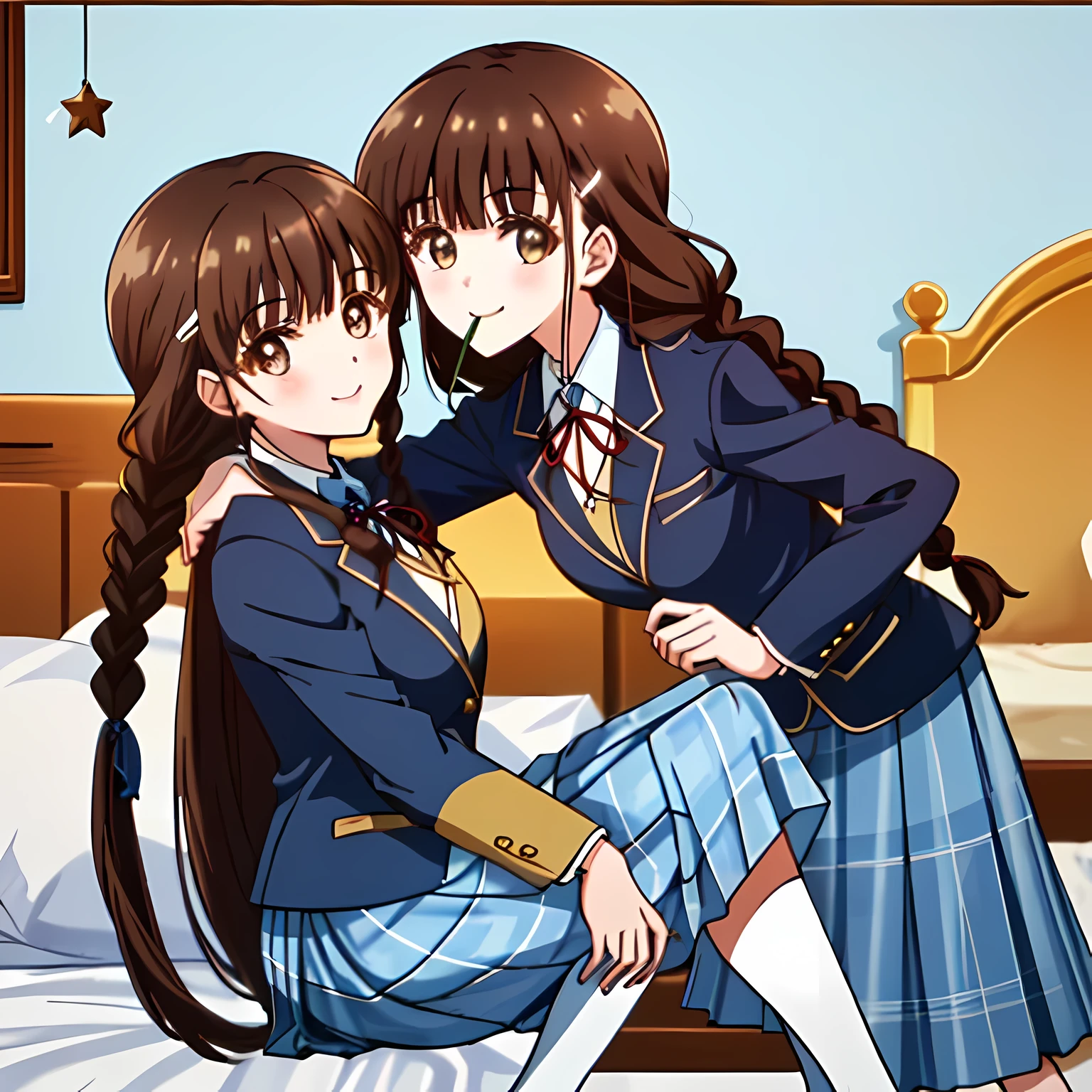 highest quality, (masterpiece:1.2), very detailed, A girl sitting on the bed looks at the viewer and smiles, Glossy lips that make you want to kiss, nice smile, big brown eyes, (((dark brown hair))), 15 years old, long braids, big shiny hair clip, school uniform, ((Light dark blue blazer with golden emblem on the left chest)), ((School ribbon with a very large emphasized navy blue stripe on the chest)), very shiny hair、laughter、bright look、Both face and hair catch the light and shine, The corners of the eyes are drooping, Cute braids, The expression of a maiden in love, (((The girl has a twin braid hairstyle))), ((((dark blue & Deep navy tartan check middle long skirt)))), A gentle and cute expression staring at the viewer, double eyelid, ((long eyelashes)), The background is a cute girl'my room, round face, the skirt is very cute, brown leather shoes, ((shot from the side)), ((smile with your mouth wide open))