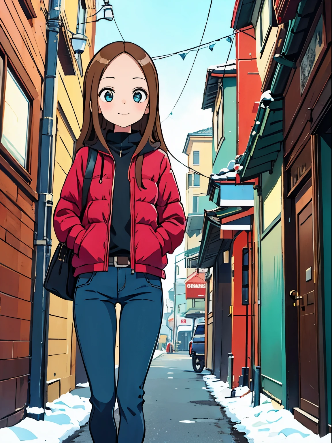 takagi, winter clothes, 12 year old girl, turquoise eyes, dark blond hair, loose blue pants