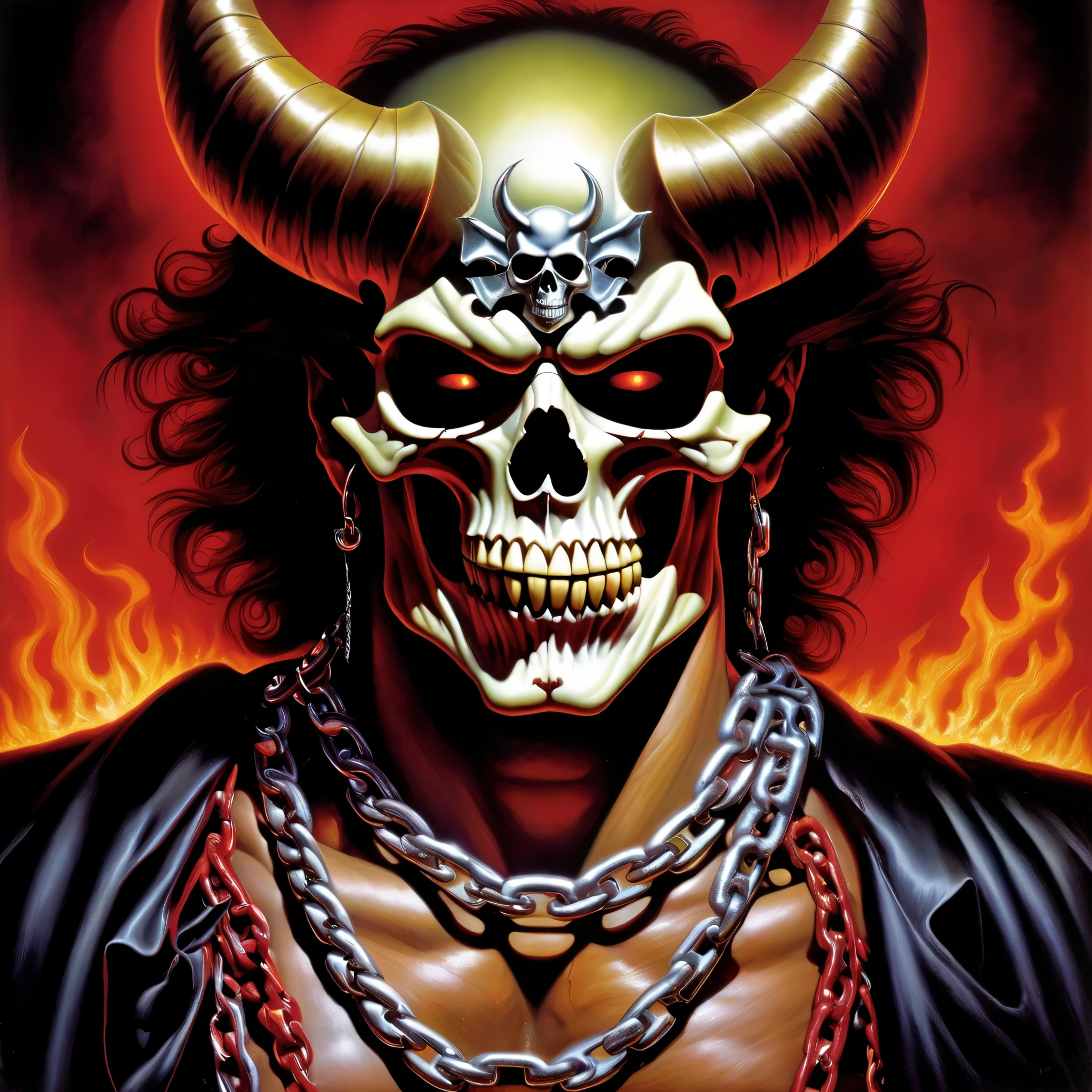 "A stunning portrait of a demon with a chain around its neck and a skull on its shoulder, directed by the legendary Joe Jusko. This piece captures the essence of a handsome male god of death, brought to life by the masterful rendering of Jason Edmiston. With a nod to 1980s heavy metal album art, this is a must-see for any fan of the macabre."