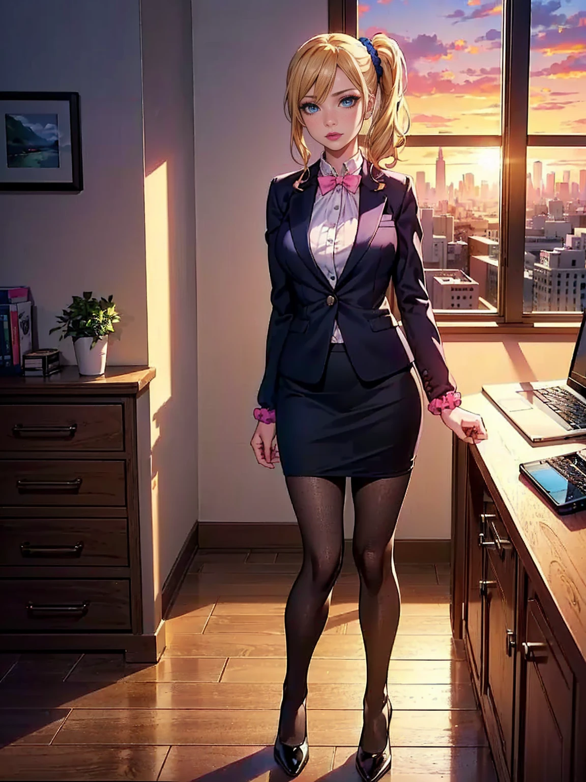 ((1girl, solo, alone, ai hayasaka, bangs, blue eyes, blonde hair, hair ornament, sidelocks, side ponytail, scrunchie, hair scrunchie, blue scrunchie)), ((solo, (1woman, pink lipstick), Extremely detailed, ambient soft lighting, 4k, perfect eyes, a perfect face, perfect lighting, a 1girl)), ((1girl, solo, alone, ai hayasaka, bangs, blue eyes, blonde hair, hair ornament, sidelocks, side ponytail, scrunchie, hair scrunchie, blue scrunchie)), ((solo, (1woman, pink lipstick), Extremely detailed, ambient soft lighting, 4k, perfect eyes, a perfect face, perfect lighting, a 1girl)), austere, ((Officelady, Black suit, Black tight skirt, White blouse, Black tights, Office, lana, Beautiful woman, gazing at viewer, Looking here, hight resolution, top-quality, full body, animations, illustratio, office, penthouse, executive room, large window, landscape of a metropolis, sunset, clouds)), documents, books, table, shelves, pencil holder, computer