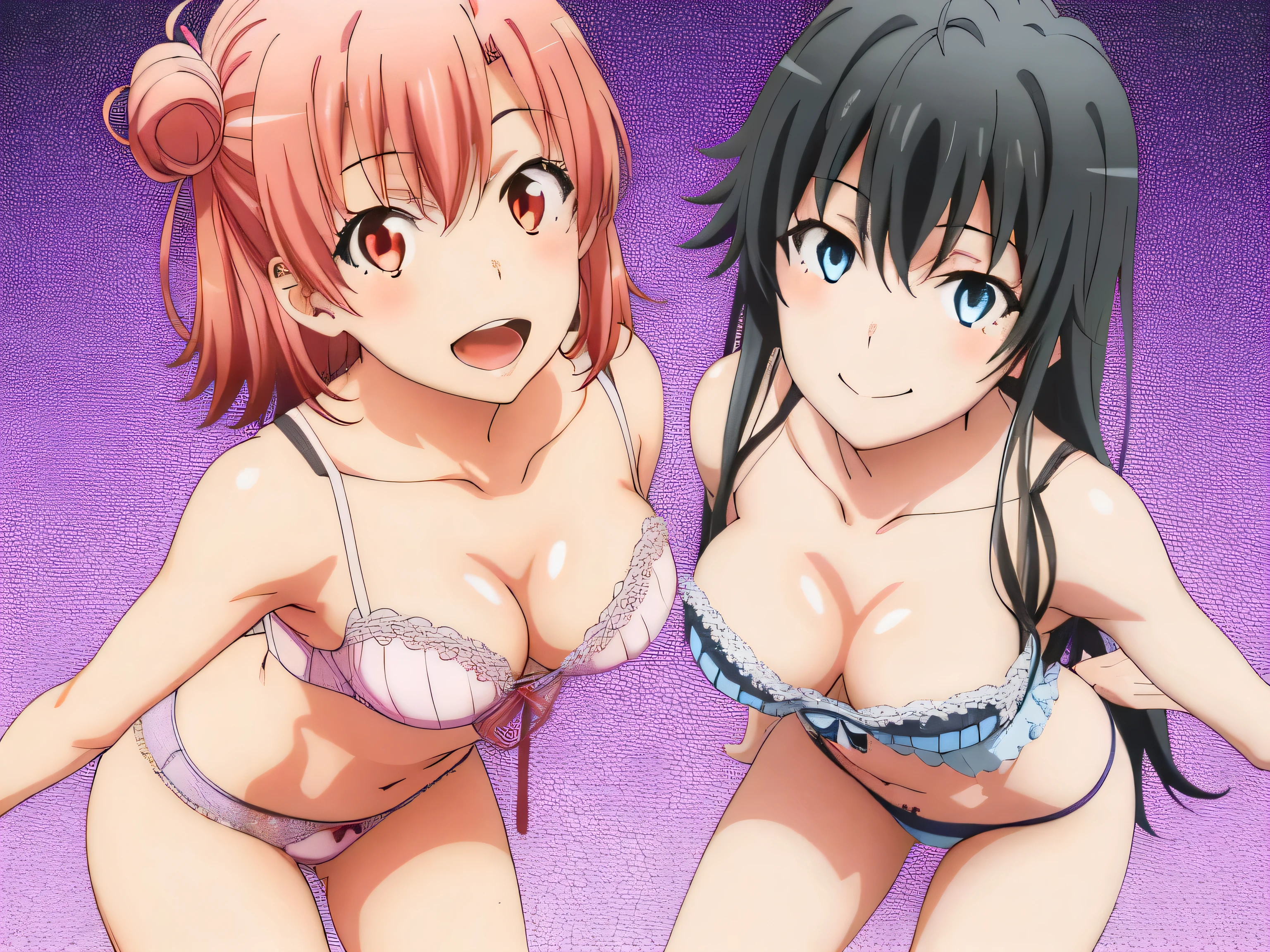 ((2 girls:1.0)), (Yuigahama Yui shapely breasts),(Yukinoshita Yukino),pin up,white and pink underwear,Beautiful panties,(pussy),thigh nsfw,front,looking at camera,(high angle),smile,Full view of head,beautiful eyes
