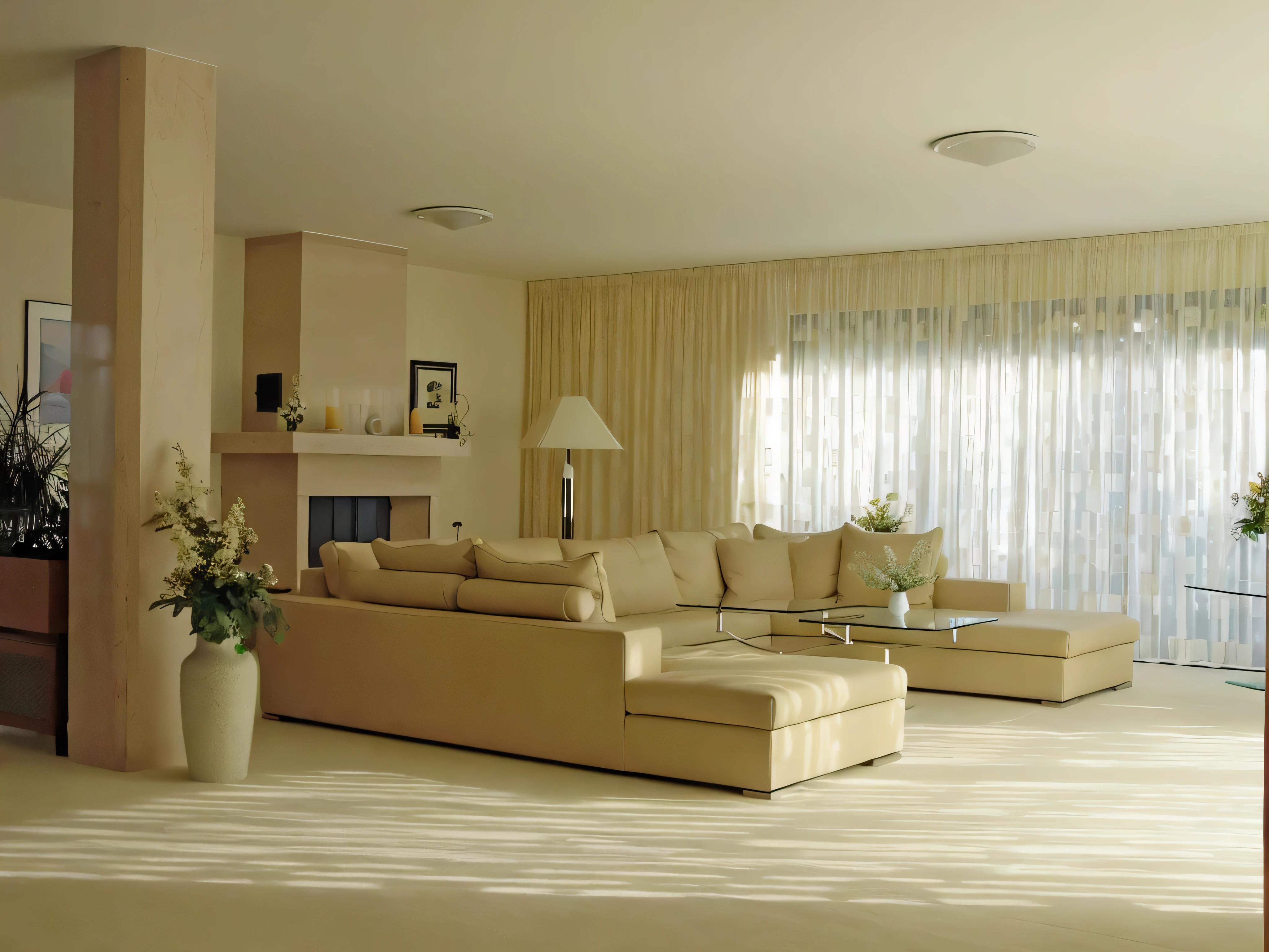 there is a living room with a couch, chair, ottoman and a fireplace, cream - colored room, living room interior, living room interior design, interior design living room, interior of a living room, interior living room, elegant furniture, elegant interior, home interior, beige color scheme, warm living room, interior photography, lounge room, modern living room