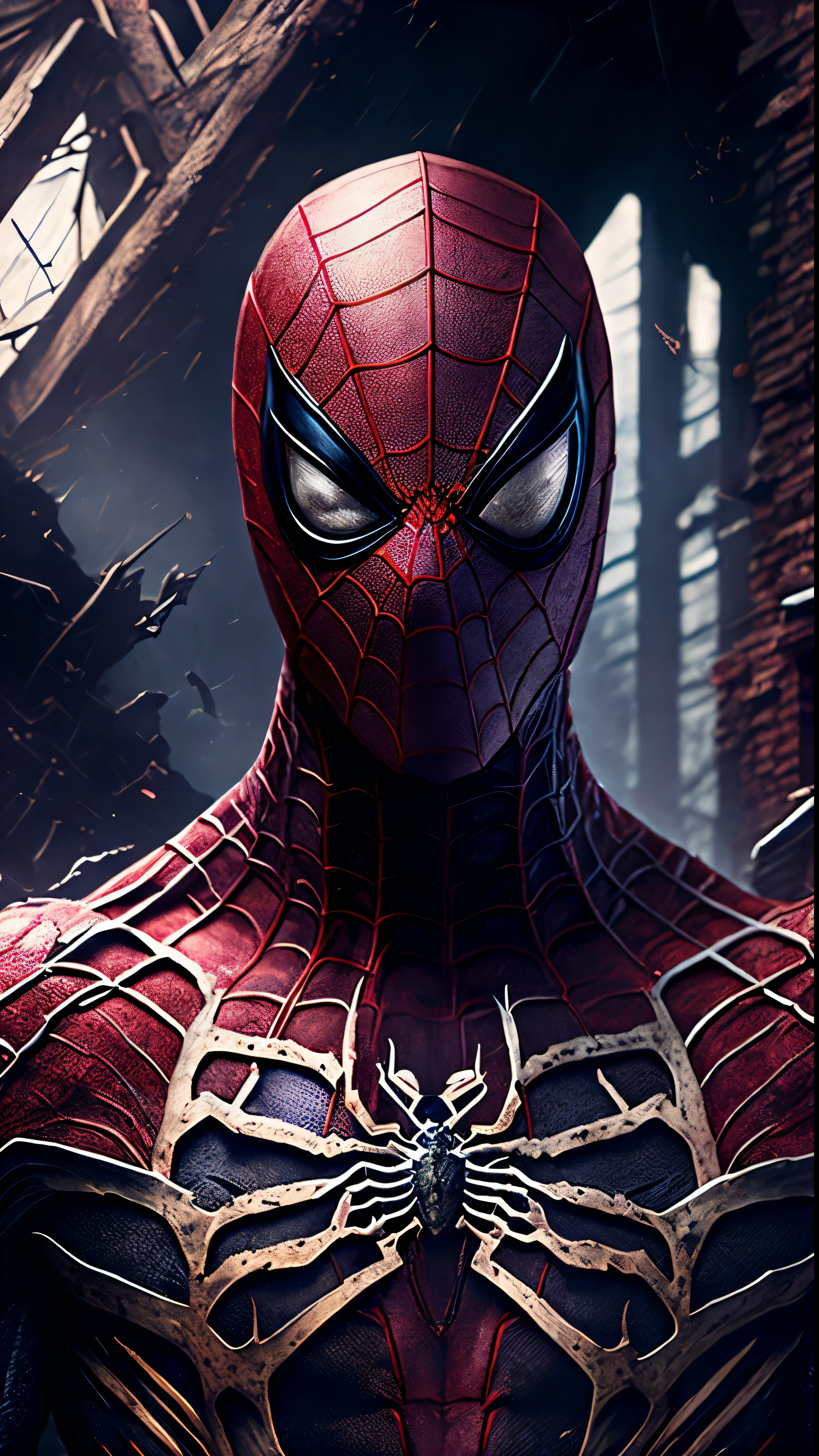 breathtaking cinematic science fiction photo of a portrait of a Grim spider-man, ripped skin, body full of wounds, inside a destroyed building, extremely menacing creature, highly detailed, award-winning