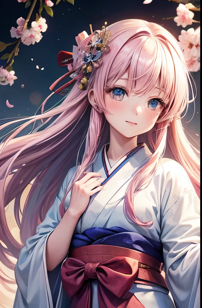 Exaggerated, Highly detailed, and 16K high resolution images of , Beautiful female ghost or guardian spirit. She has light pink hair and translucent skin., and dress in a traditional Japanese kimono with a small cherry blossom pattern on the obi.. This image captures the pure beauty and mystery of the spirit world.. The style is inspired by subtlety., The gentle aesthetics found in traditional Japanese art..
