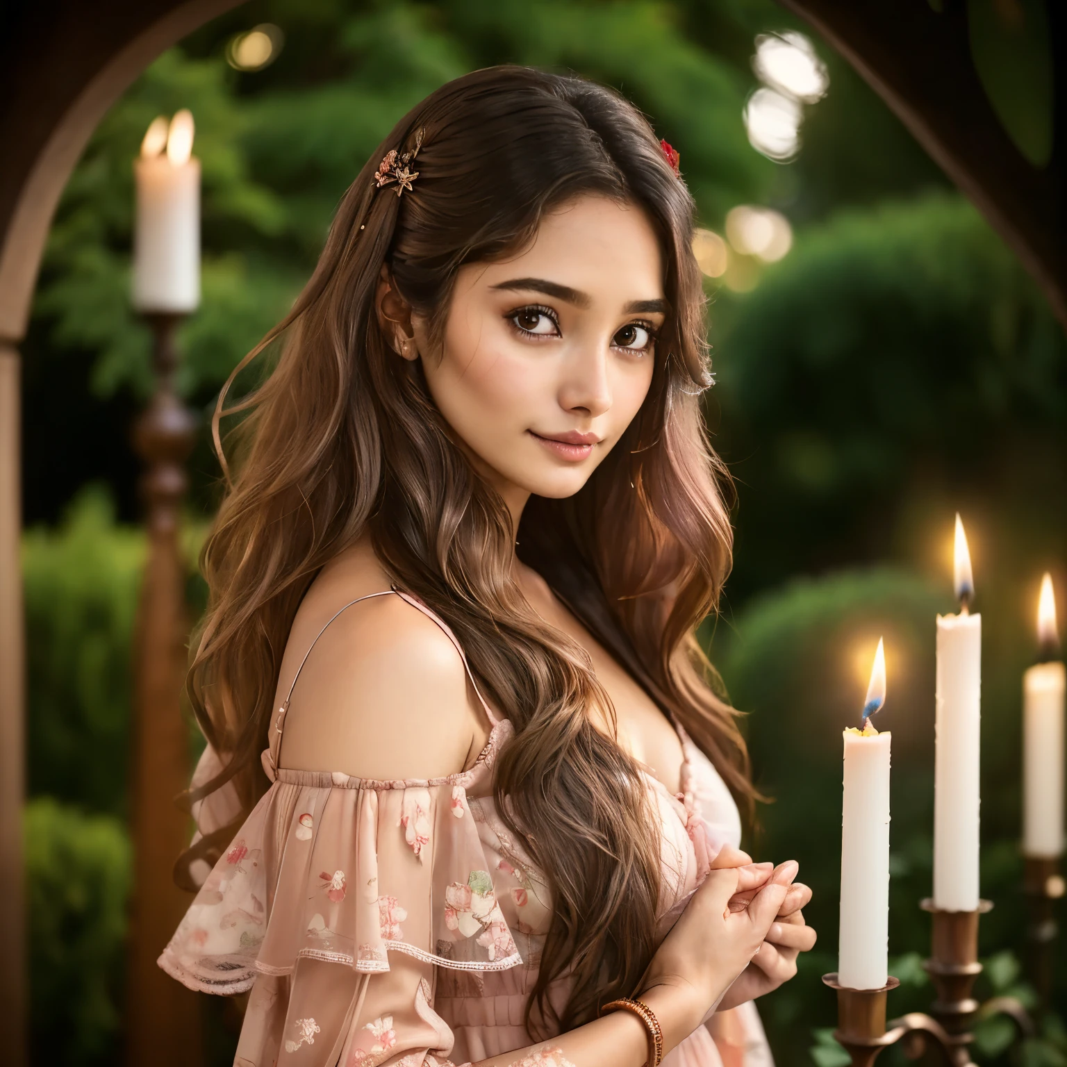 27-year-old European girl, raw, Beautiful woman, (Long curly chestnut brown hair), ((Portrait)), ((Detailed face:1.2)), ((love-stricken eyes:1.2, sparkling, full of emotion)), (delicately detailed skin), tanned, dressed in a red off-shoulder maxi dress, (romantic, candlelit background), in a garden, surrounded by roses, (blushing cheeks:1.2), hands gesturing as if holding a love letter, (masutepiece, soft focus, best quality), photographed in a Canon EOS R5, 85mm lens, F/1.8, n