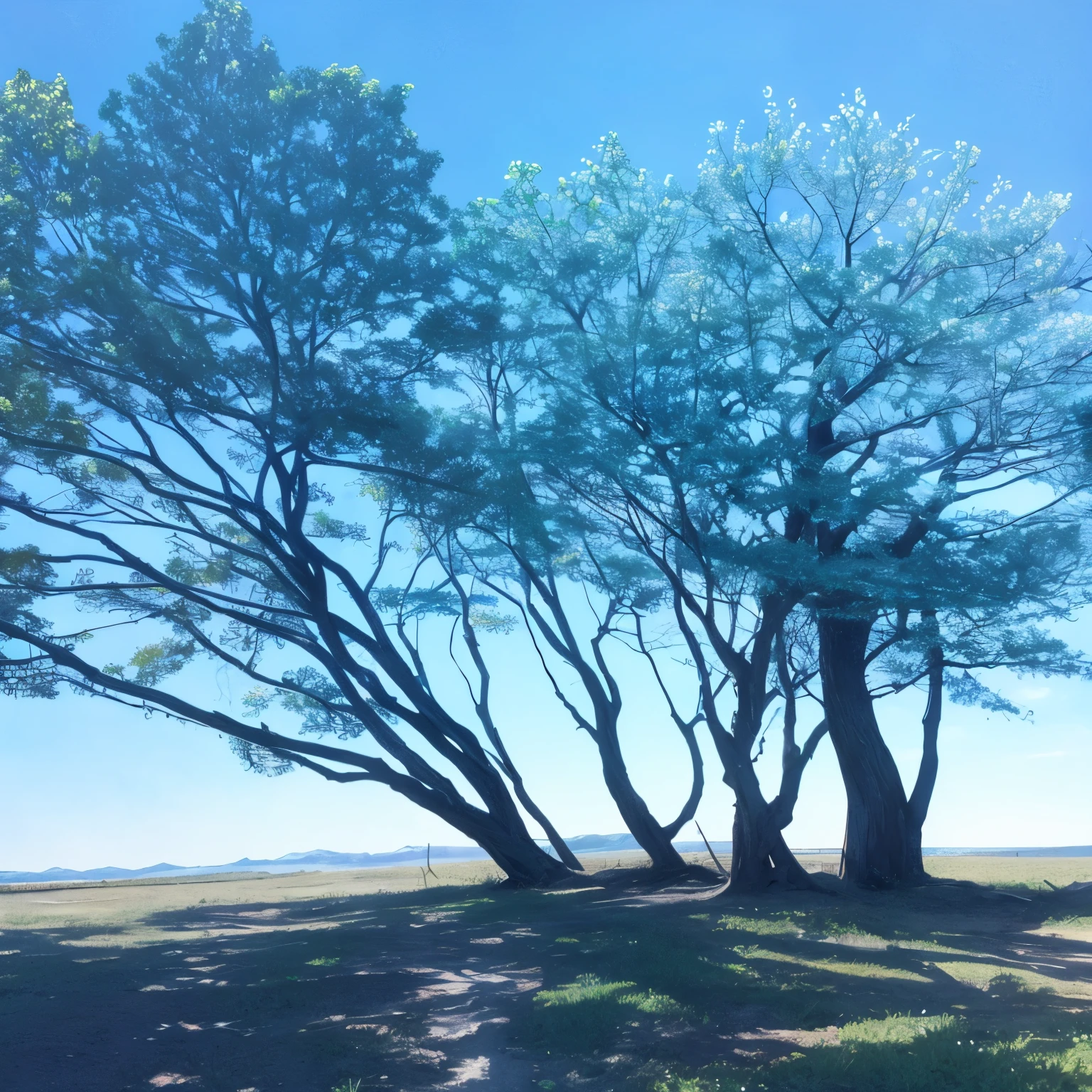  Create an anime drawing of dead trees and a blue sky with several different shades of blue like a watercolor.