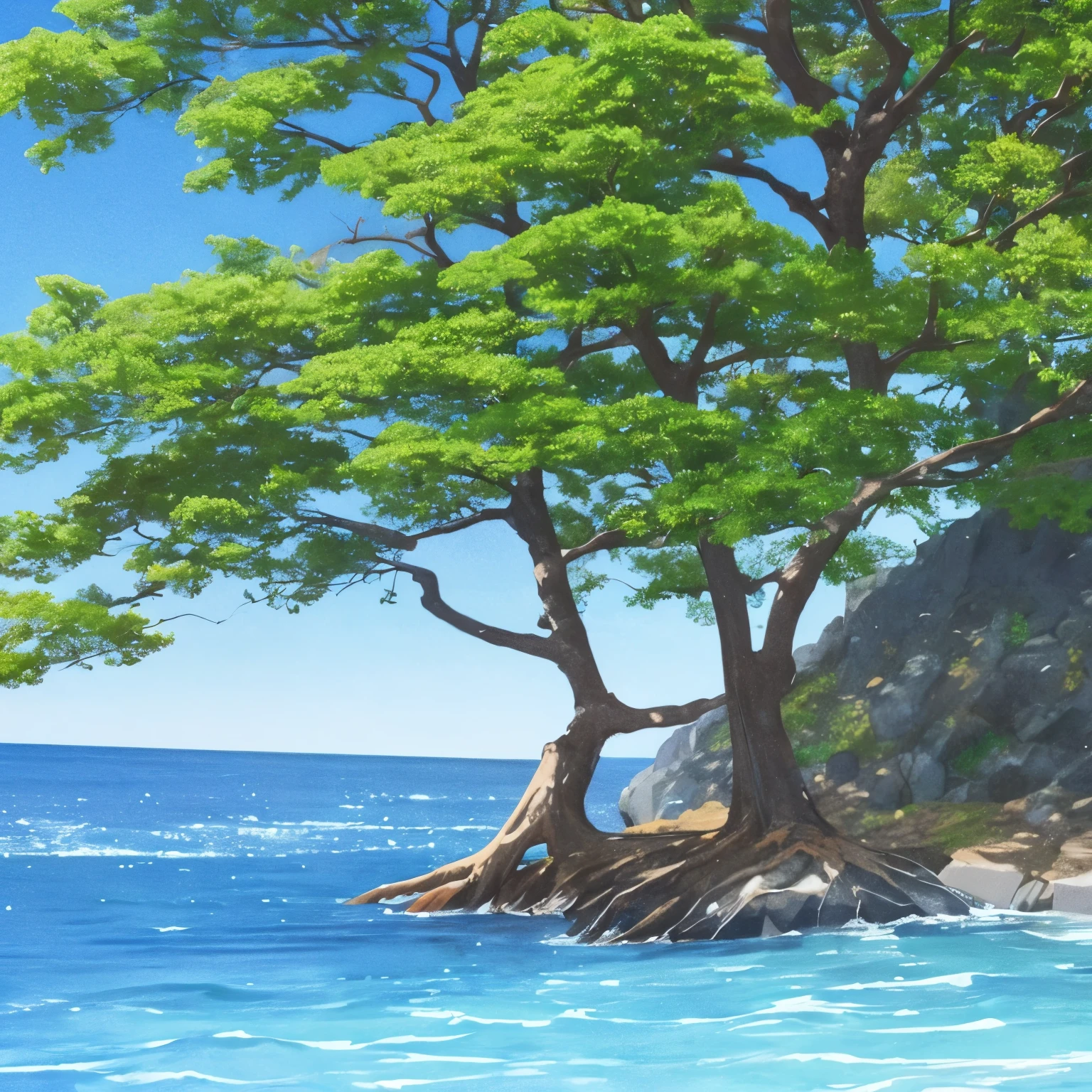  Create an anime drawing of dead trees and a blue sky with several different shades of blue like a watercolor.