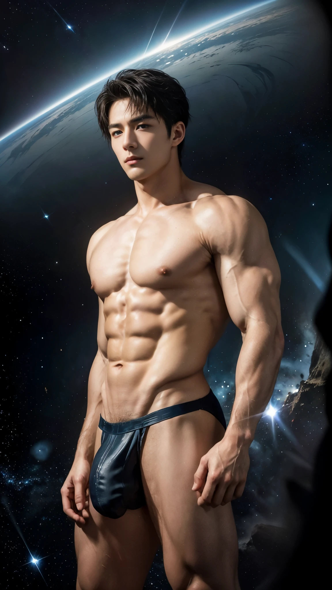 (masterpiece, high resolution, detailed:1.3), a mesmerizing depiction of a (strikingly handsome young man:1.2) donning (sleek and form-fitting thong, bulge:1.2), standing against the backdrop of the vast and mysterious cosmos. His (toned physique:1.2) is bathed in the soft glow of distant stars, creating an otherworldly aura. As he gazes out into the depths of space, his (intense blue eyes:1.2) reflect the wonder and curiosity of his cosmic journey. The intricate details of his attire and the (subtle gleam:1.2) on his skin are meticulously captured, lending an air of realism to the scene. The celestial expanse behind him is a tapestry of (nebulous formations:1.2), (dazzling galaxies:1.2), and (shooting stars:1.2), a breathtaking testament to the beauty of the universe. This artwork melds the allure of a beautiful man with the awe-inspiring vastness of space, evoking a sense of both intimacy and grandeur.big bulge 