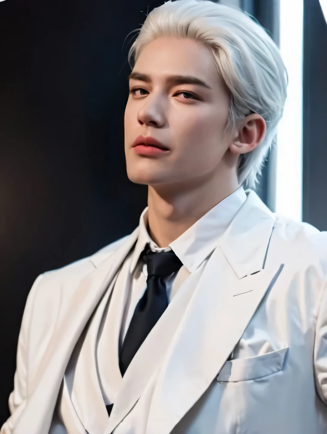 1 boy, head, white suit, 20s.
