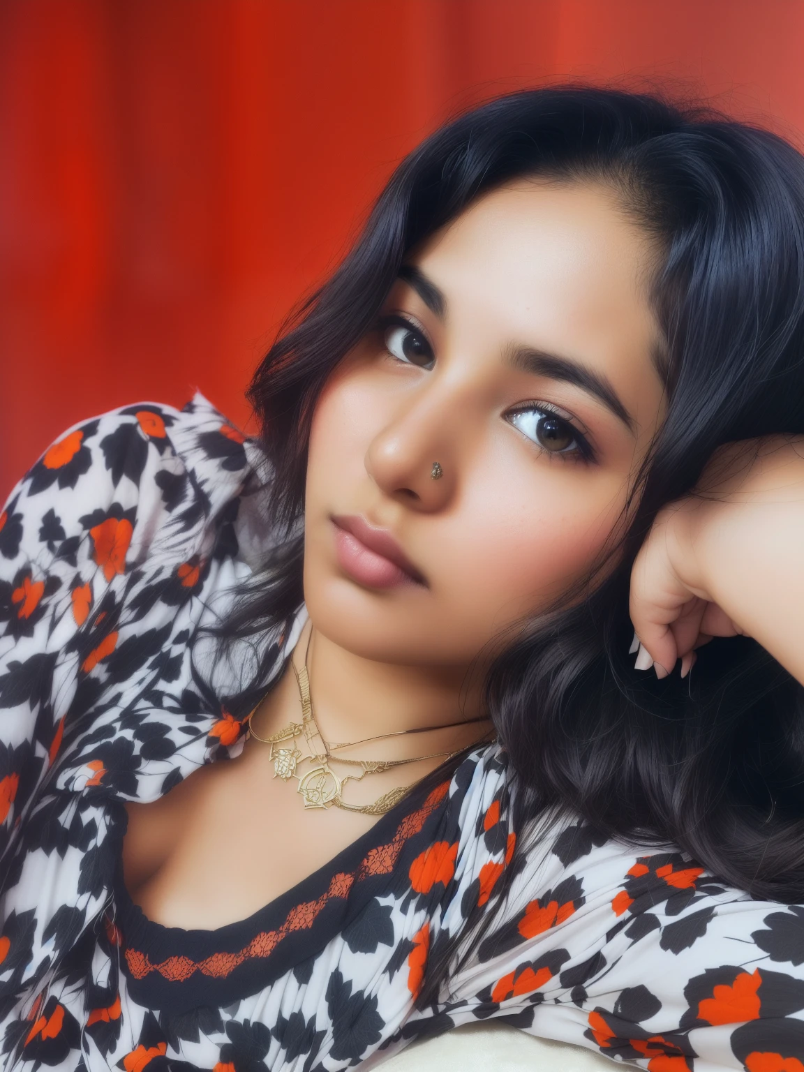 there is a woman that is sitting down with her head on her hand, indian girl with brown skin, leaked image, selfie of a young woman, faridah malik, profile pic, a young asian woman, exclusive, sexy girl with dark complexion, nivanh chanthara, with cute - fine - face, 18 years old, portrait of modern darna,sexy, hot,8k Naked