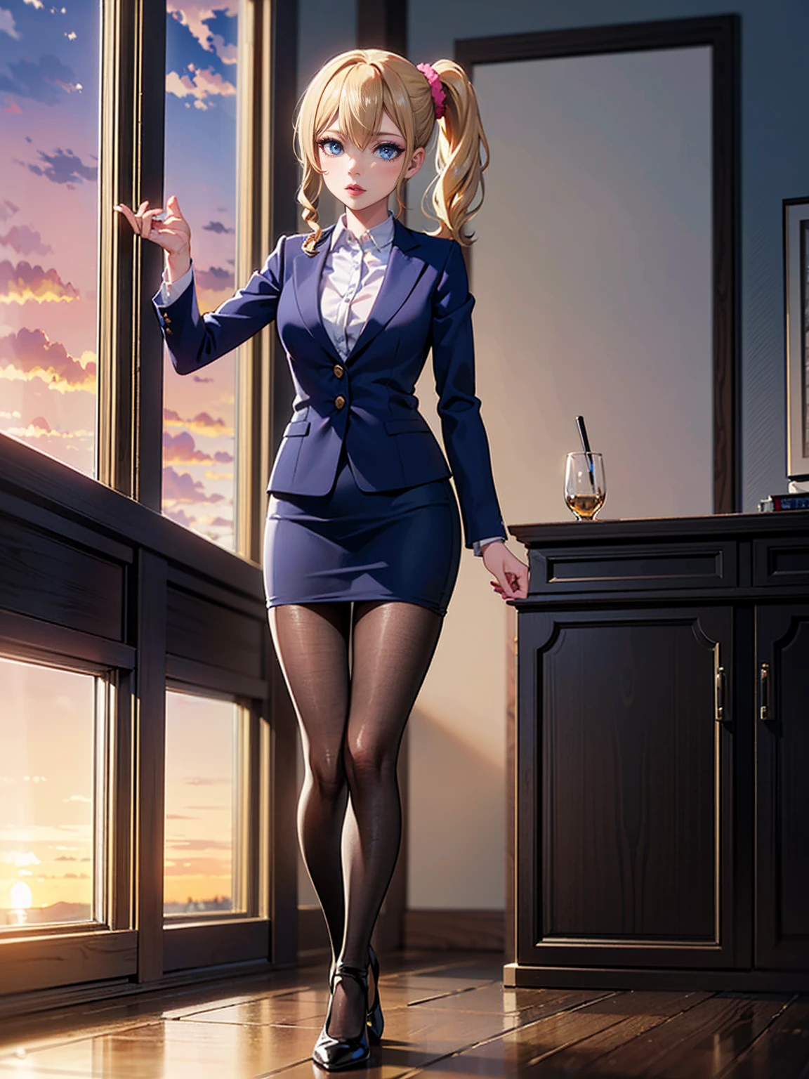 ((1girl, solo, alone, ai hayasaka, bangs, blue eyes, blonde hair, hair ornament, sidelocks, side ponytail, scrunchie, hair scrunchie, blue scrunchie)), ((solo, (1woman, pink lipstick), Extremely detailed, ambient soft lighting, 4k, perfect eyes, a perfect face, perfect lighting, a 1girl)), ((1girl, solo, alone, ai hayasaka, bangs, blue eyes, blonde hair, hair ornament, sidelocks, side ponytail, scrunchie, hair scrunchie, blue scrunchie)), ((solo, (1woman, pink lipstick), Extremely detailed, ambient soft lighting, 4k, perfect eyes, a perfect face, perfect lighting, a 1girl)), austere, ((Officelady, Black suit, Black tight skirt, White blouse, Black tights, Office, lana, Beautiful woman, gazing at viewer, Looking here, hight resolution, top-quality, full body, animations, illustratio, office, penthouse, executive room, large window, landscape of a metropolis, sunset, clouds)), documents, books, table, shelves, pencil holder, computer