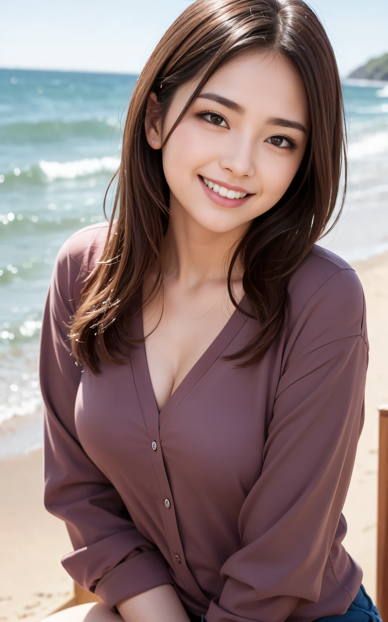 highest quality, figure, super detailed, finely, High resolution, 8k wallpaper, 完璧なダイナミックな構figure, beautiful skin, (big eyes), 20 year old beautiful girl, natural color lip, (sexy pose), mid chest, smile, Highly detailed face and skin texture, Detailed eyes, Double eyelid,leaking teeth and laughing, close-up,   medium brown hair, (Bright-colored cutter shirt:1.2), seaside