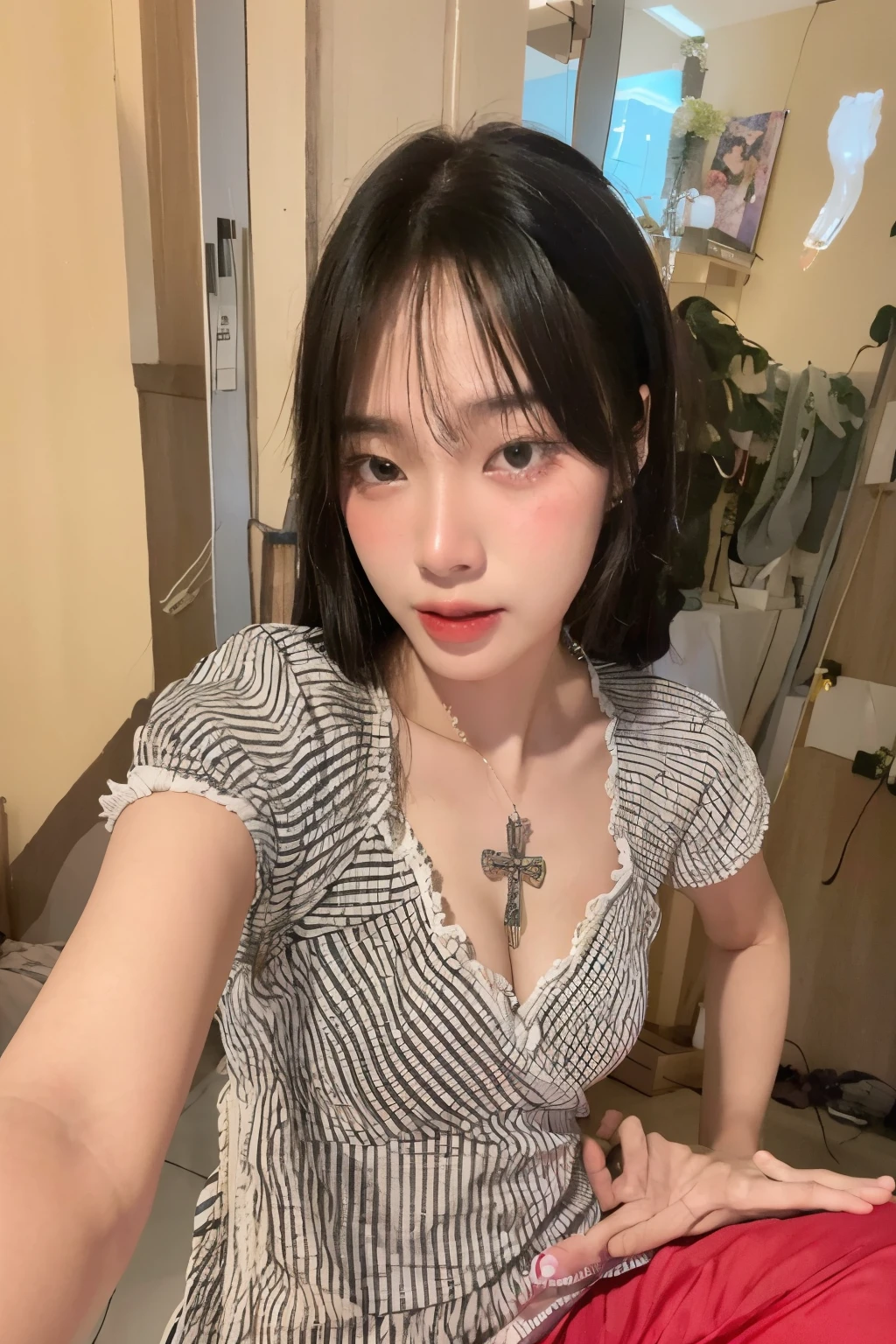 there is a woman that is taking a selfie in a mirror, 19-year-old girl, selfie of a young woman, anime thai girl, 1 8 yo, beads cross onbare chest, mai anh tran, nivanh chanthara, 18 years old, 🤤 girl portrait, young cute wan asian face, 8k selfie photograph