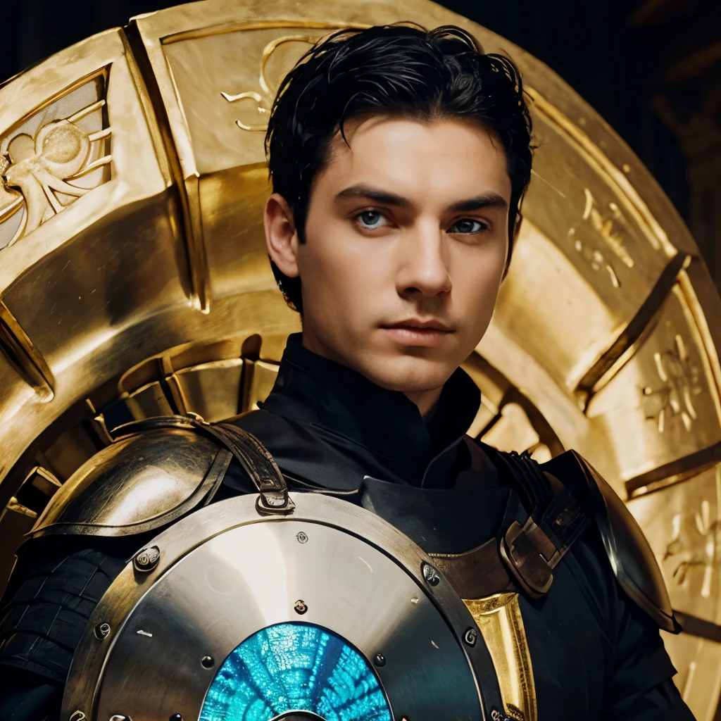 Man with white skin, short black hair with a slight quiff, bright blue eyes, wearing medieval armor and using a round golden shield with the face of Medusa.