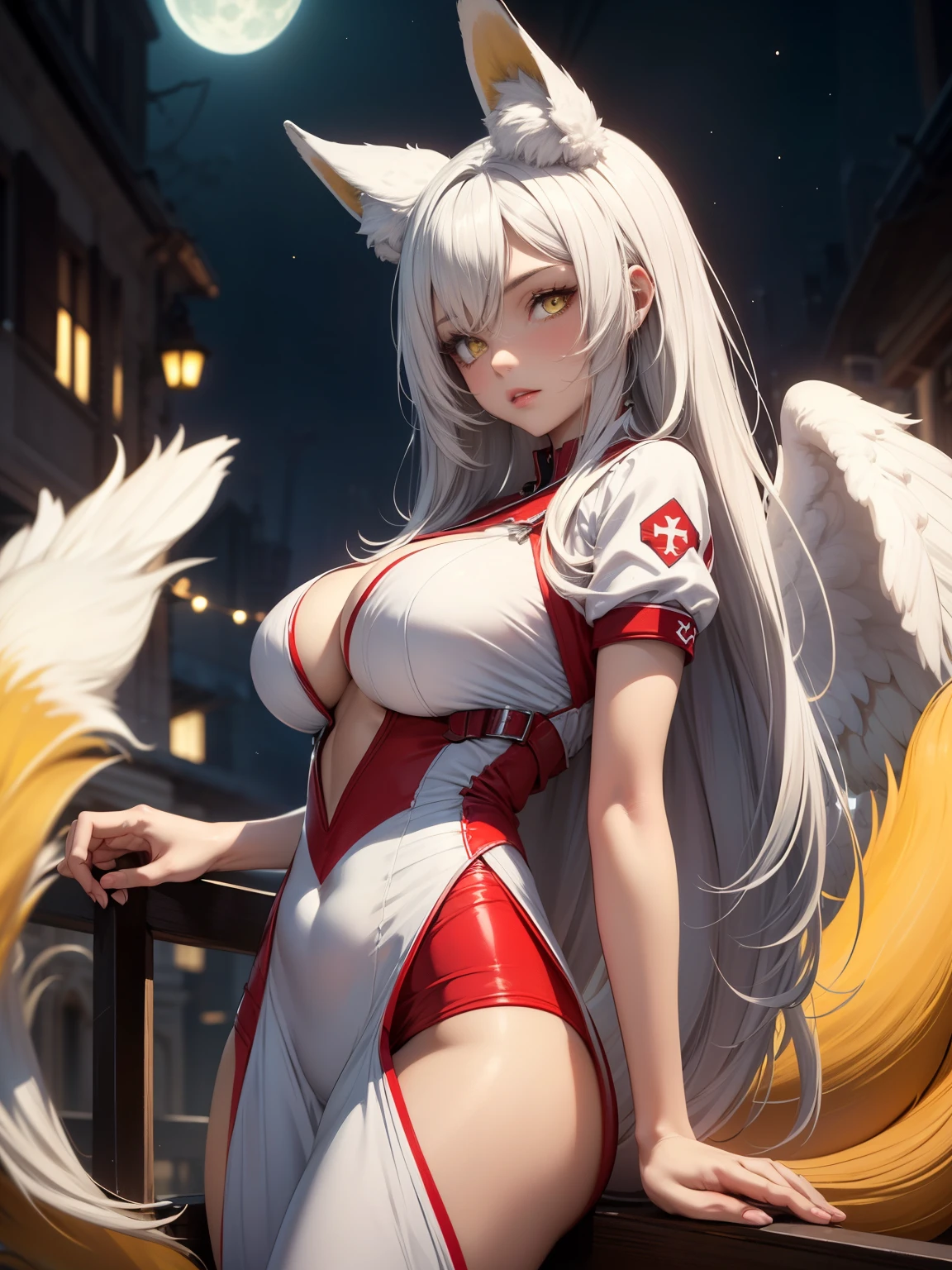 (best quality, 4k, 8k, highres, masterpiece:1.2),
ultra-detailed,
detailed face,
detailed lips and eyes,
expressive face,
realistic,
BREAK BLARKY beautiful caucasian woman with very long straight white hair, (yellow eyes:1.4), fair skin, fox girl, animal ear fluff, animal ears, extra ears, fox ears, (fox tail:1.5), bangs, hair between eyes, long sidelocks, large breasts, (age 16-year-old, height 162 cm),
BREAK 1girl,
BREAK (white and red theme:1.2,nurse uniform:1.4,(angel wings:1.4)),angelic,angelic expression,dramatic light,((detailed clothes texture,detailed body shape,detailed skin texture)),low angle,(full moon), syringe, (full body), (flyng), bent knees, forehead