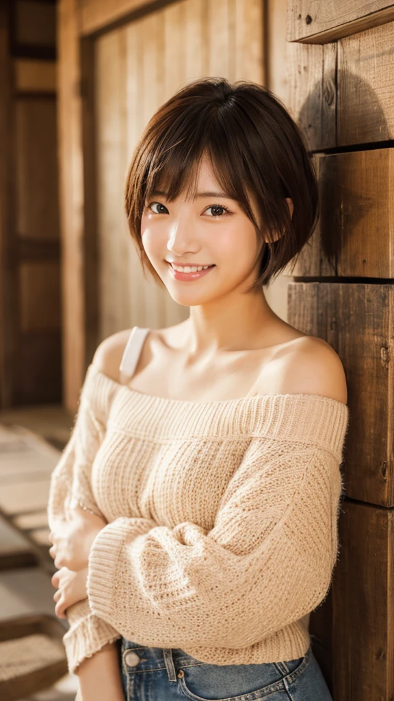 (8k、RAW photo、highest quality)、(realistic、Photoreal:1.37)、beautiful and detailed face、Face Detail Textures、Fine and beautiful skin、skin texture、超A high resolution、orange off shoulder large sweater、denim mini skirt、Full body shot、Beautiful and thin legs、short cut hair、美しいjapanese woman、美しいyoung女性と、Asian、japanese woman、Beautiful Asian Girl Ever、young、adorable、Ulzzang、cute face of girl、Portrait of a female idol in Japan、very beautiful girl、antique western style room、Smile