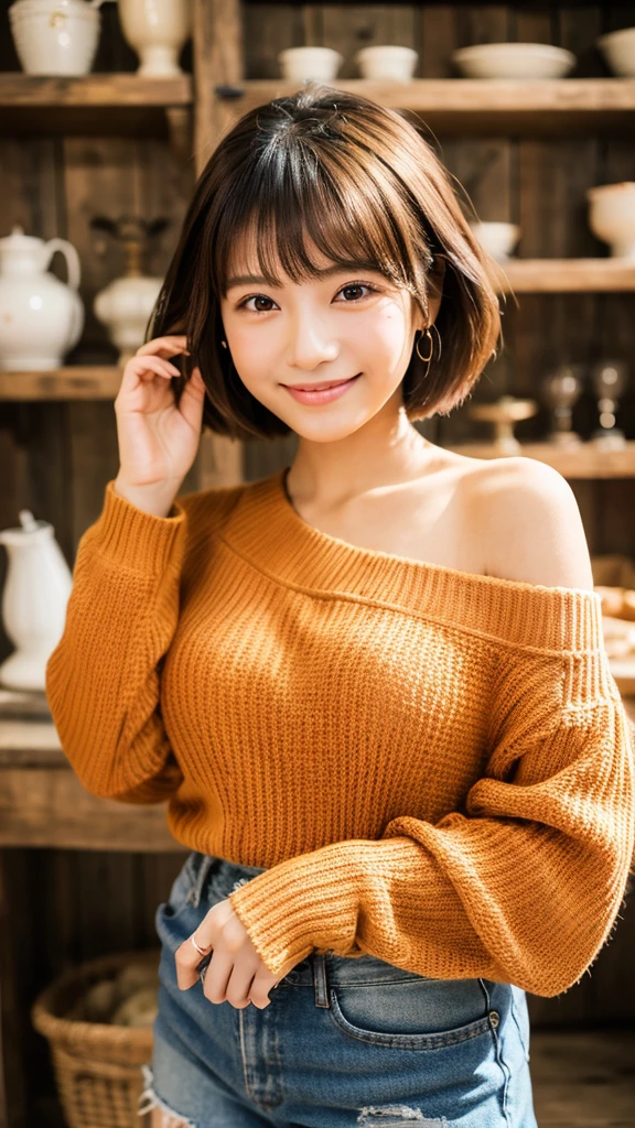 (8k、RAW photo、highest quality)、(realistic、Photoreal:1.37)、beautiful and detailed face、Face Detail Textures、Fine and beautiful skin、skin texture、超A high resolution、orange off shoulder large sweater、denim mini skirt、Full body shot、Beautiful and thin legs、short cut hair、美しいjapanese woman、美しいyoung女性と、Asian、japanese woman、Beautiful Asian Girl Ever、young、adorable、Ulzzang、cute face of girl、Portrait of a female idol in Japan、very beautiful girl、antique western style room、Smile