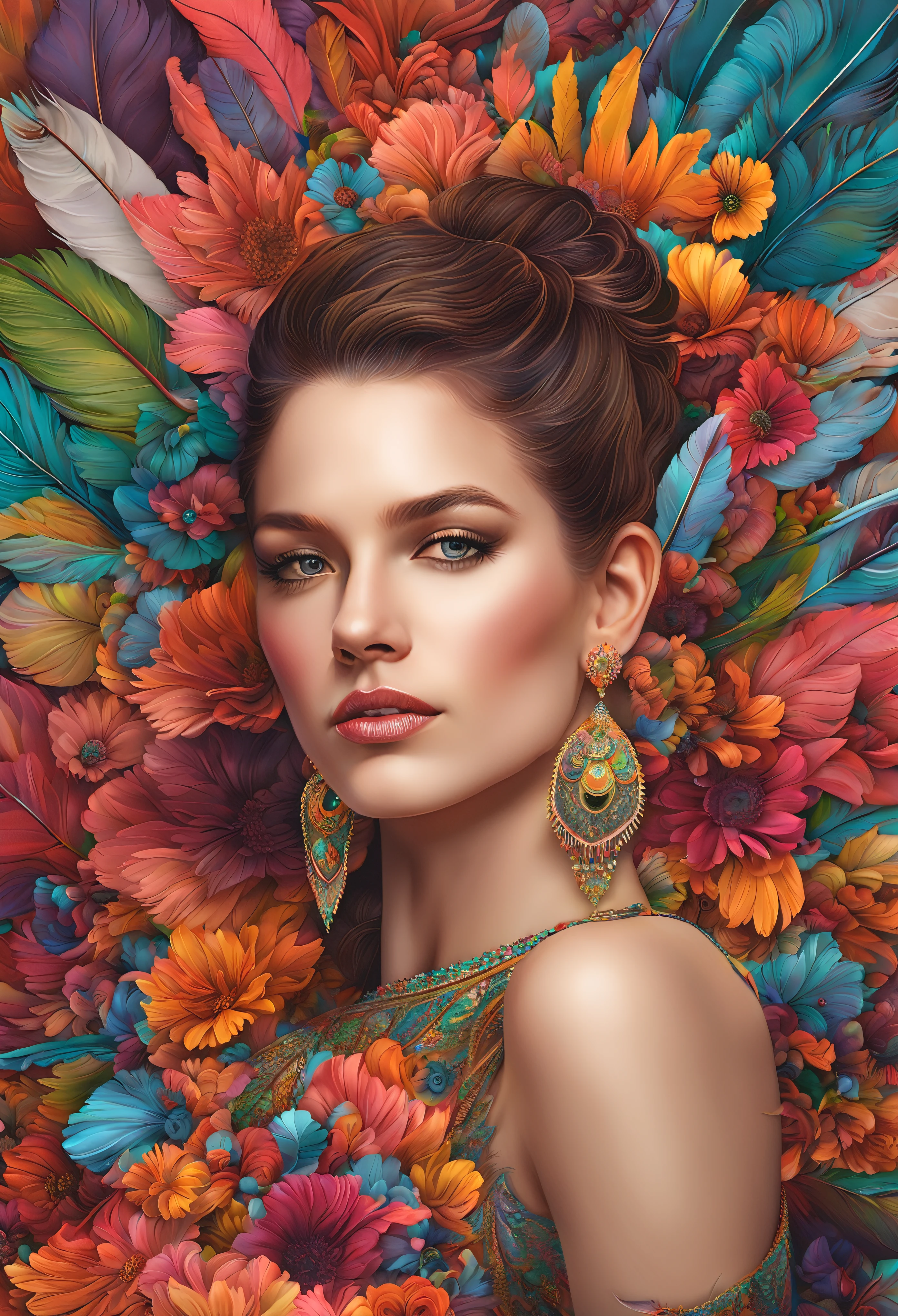 (masterpiece, top quality, best quality, official art, beautiful and aesthetic:1.2), (1girl:1.3), extremely detailed,(fractal art:1.1),(colorful:1.1)(flowers:1.3),highest detailed,(zentangle:1.2), full body, (abstract background:1.3), (shiny skin), (many colors:1.4), ,(earrings), (feathers:1.5),
