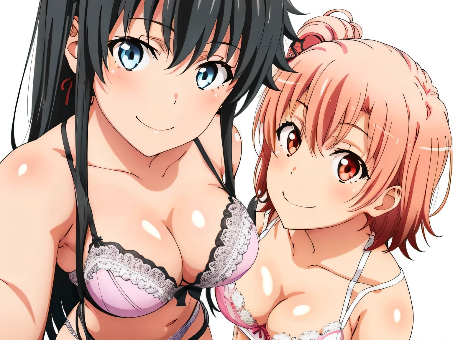 ((2 girls:1.0)), (Yuigahama Yui shapely breasts),(Yukinoshita Yukino),pin up,white lace underwear,pink underwear,(Beautiful panties),(pussy),thigh nsfw,front,looking at camera,(high angle),smile,Panoramic view of the head,beautiful eyes
