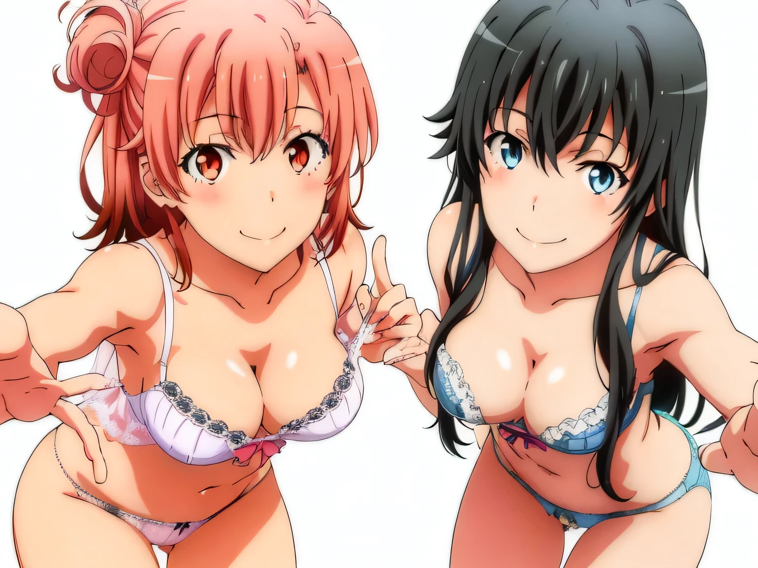 ((2 girls:1.0)), (Yuigahama Yui shapely ),(Yukinoshita Yukino),pin up,white lace underwear,pink underwear,(Beautiful pantiesy),thigh nront,looking at camera,(high angle),smile,Panoramic view of the head,beautiful eyes