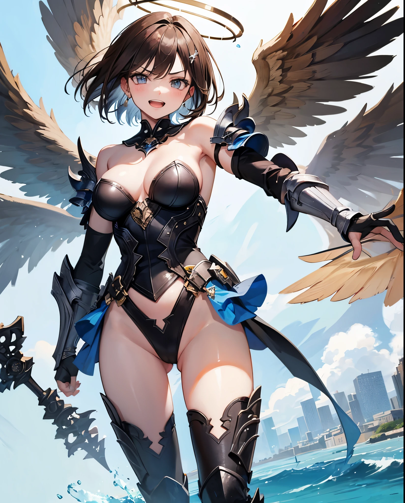 fantasy, 1angel_girl,, ,brown_hair, medium_bob_hair, long_bangs, halo,bare_shoulder,thighhighs,silver_armor, waist_armor, large_breasts,angry,grinning,open_mouth_teeth, 1pair_wings, dynamic_pose_fighting,floating, bare_crotch, headgear,gauntlet, greaves,city_background,slightly_spread_legs, solo, groin_naked,