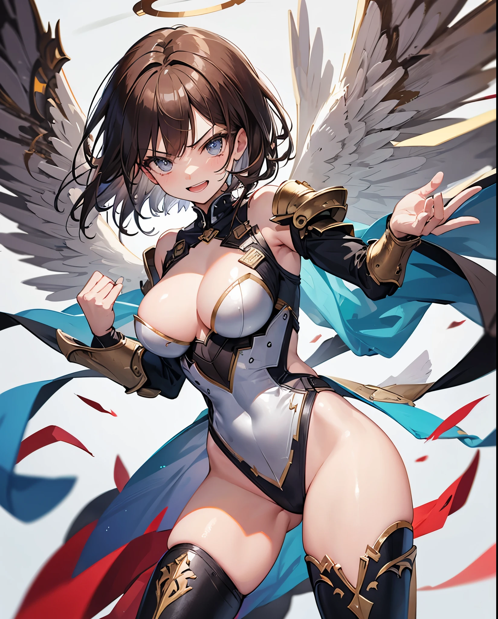 fantasy, 1angel_girl,, ,brown_hair, medium_bob_hair, long_bangs, halo,bare_shoulder,thighhighs,silver_armor, waist_armor, large_breasts,angry,grinning,open_mouth_teeth, 1pair_wings, dynamic_pose_fighting,floating, bare_crotch, headgear,gauntlet, greaves,city_background,slightly_spread_legs, solo, groin_naked,