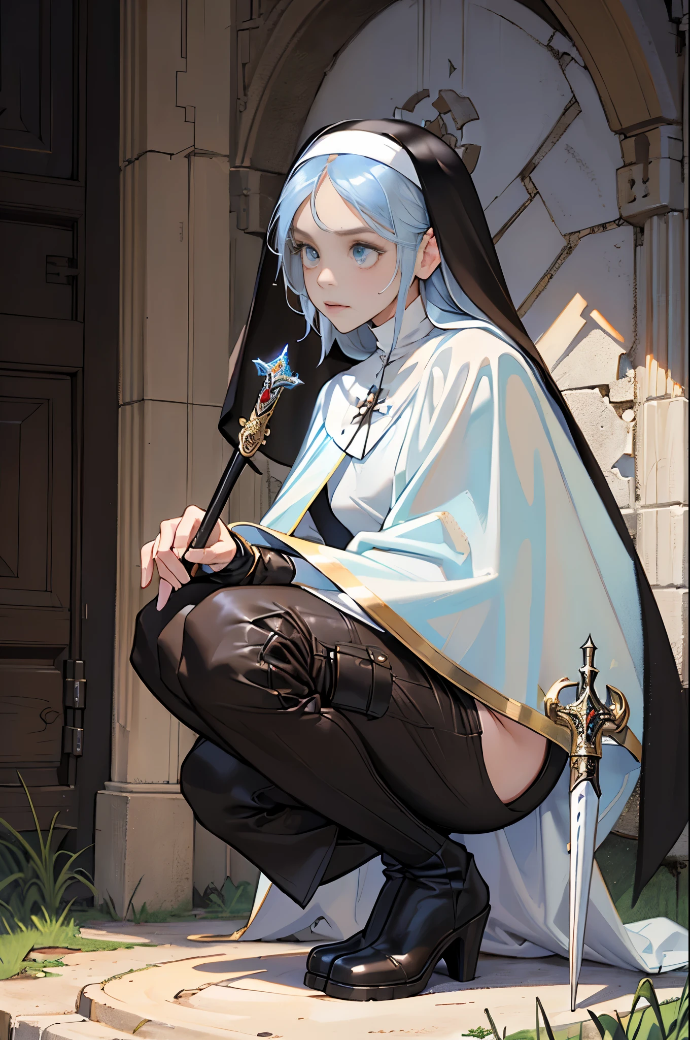 masterpiece, ultra detailed, 8k portrait, RAW photo, portrait photography, Highly detailed face, beautiful and meticulous eyes, ((Fantasy)), (((solo))), Young beautiful, (((Nun))), (((((squatting))))), ((light blue long thin hair)), ahoge, forehead, Gentle face, White skin, armpit, (((naked))), ((brown cape)) Fluttering in the wind, (((lowleg kneel length pants))), Leather boots, ((((equip a magic wand)))), Midday Sun, Hyper realistic, Body model, Small breasts, Beautiful breasts, Long legs, in the medieval field, Ambient lighting, Shadow details, Camera focus on face, strong breeze, Light fog,