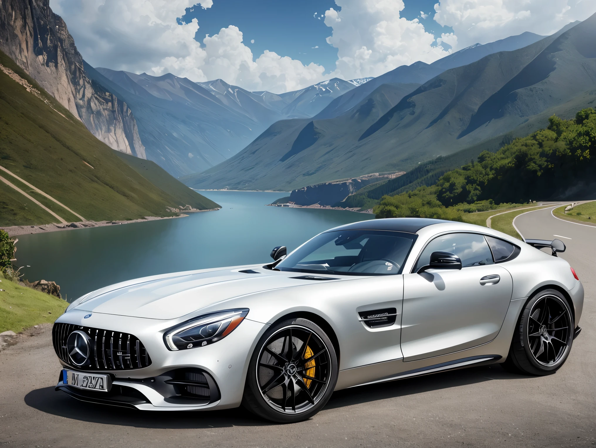 Mercedes-AMG GT from Wonderland, highly detailed, extremely detailed, Photorealistic, High detail, wallpaper, detail, virtual photographer, photo mode, elegant, High detail, digital painting, concept art, HDR, CGI, super detailed