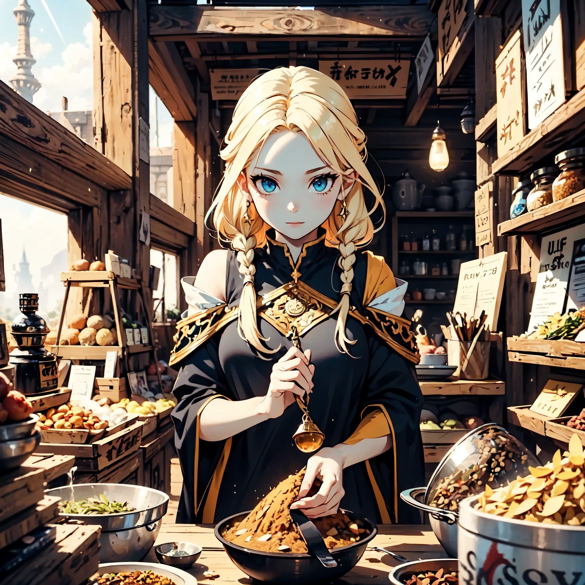 128K Ultra High Definition, 128K Ultra High Quality, 128K Ultra High Resolution, Best Definition, Best Quality, Best Resolution, Perfectly Detailed, Perfectly Designed, Extremely Detailed, Extremely Designed, Hyper Detailed, Hyper Definition, Hyper Quality, Hyper Resolution, Masterpiece, merchant, spices, trader, market, (((female))), (((Fantasy))), blonde hair