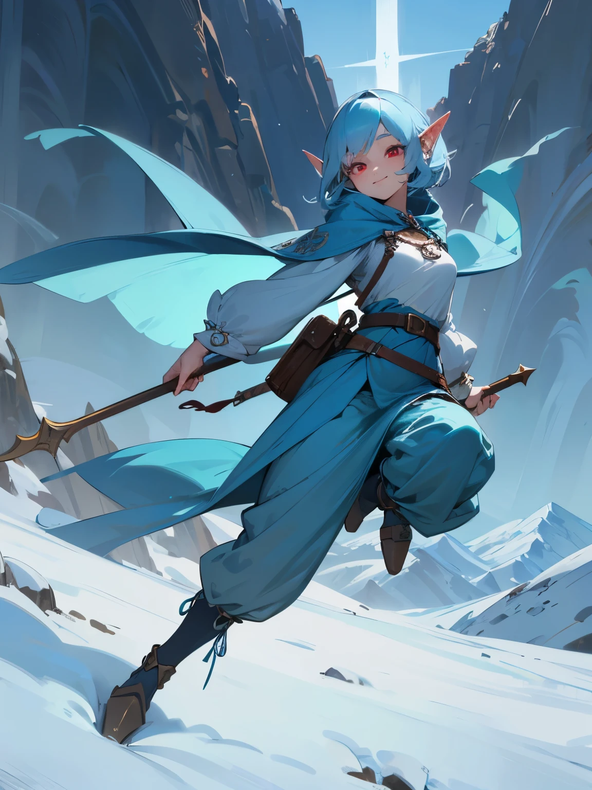 1girl, light blue hair, red eyes, (elf), (cute face), beautiful, hood, (detailed face), full body, medieval, mountains background, pants, smile