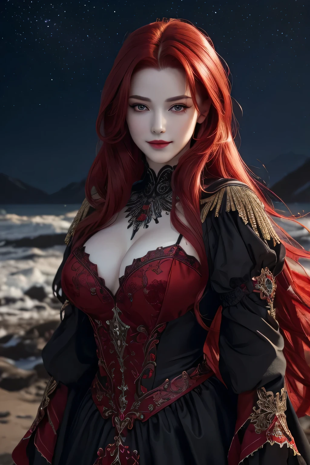 ((Best quality)), ((masterpiece)), ((realistic)), (hyperrealism:1.2), portrait shot, ((blood vivid red hair)), mature woman, 30 years old, diamond face, moonlight, red starry sky background, depth of field, magic, big red lips, ((dark black eyes)) black and red long and full dress, covered chest, mystical atmosphere, ominous shadows, Intense blue aura, Intense red aura (best quality:1.2), absurdres, intricate details, (highly detailed skin:1.2), smile expression, posing, taut and well defined body, attractive. Highly realistic, pale skin, beautiful, hyperrealism, skin very elaborated, direct gaze