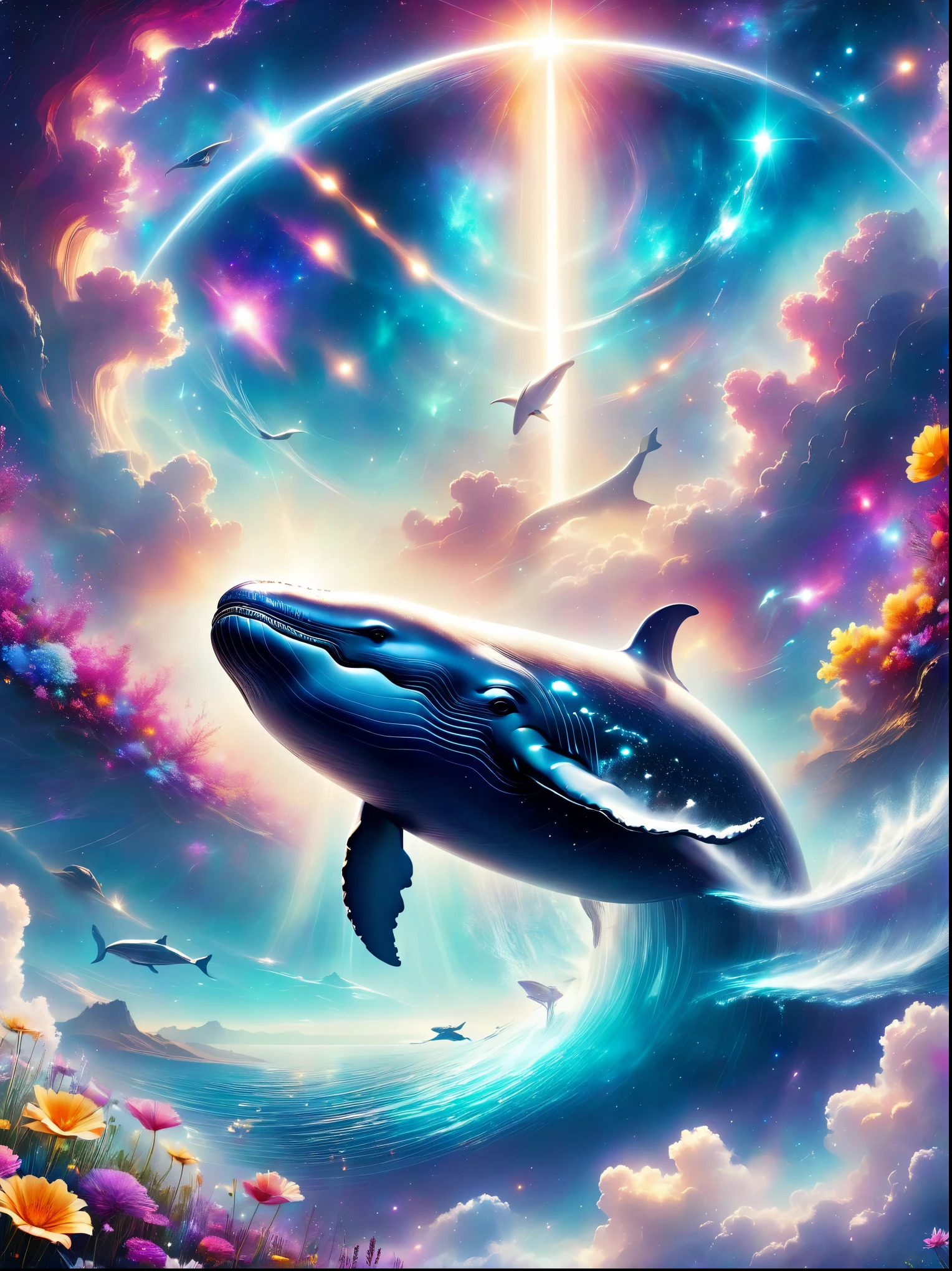 Infinite Dreamlike Illustration of a Gigantic Translucent Whale Gliding through the Vast Expanse of Space, Surrounded by a Nebula Galaxy and a Beautiful Asteroid Belt. (best quality,4k,8k,highres,masterpiece:1.2),ultra-detailed,(realistic,photorealistic,photo-realistic:1.37), ethereal lighting, vibrant colors, celestial creatures, glowing body, ethereal atmosphere, graceful movement, serene and peaceful.flowers
