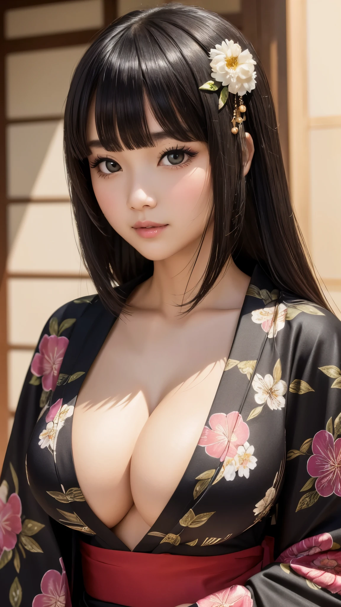 ((best quality)), ((muste piece)), (detailed face), (highlight), Big breasts、girl、blunt bangs、black hair、princess、Patterned kimono、