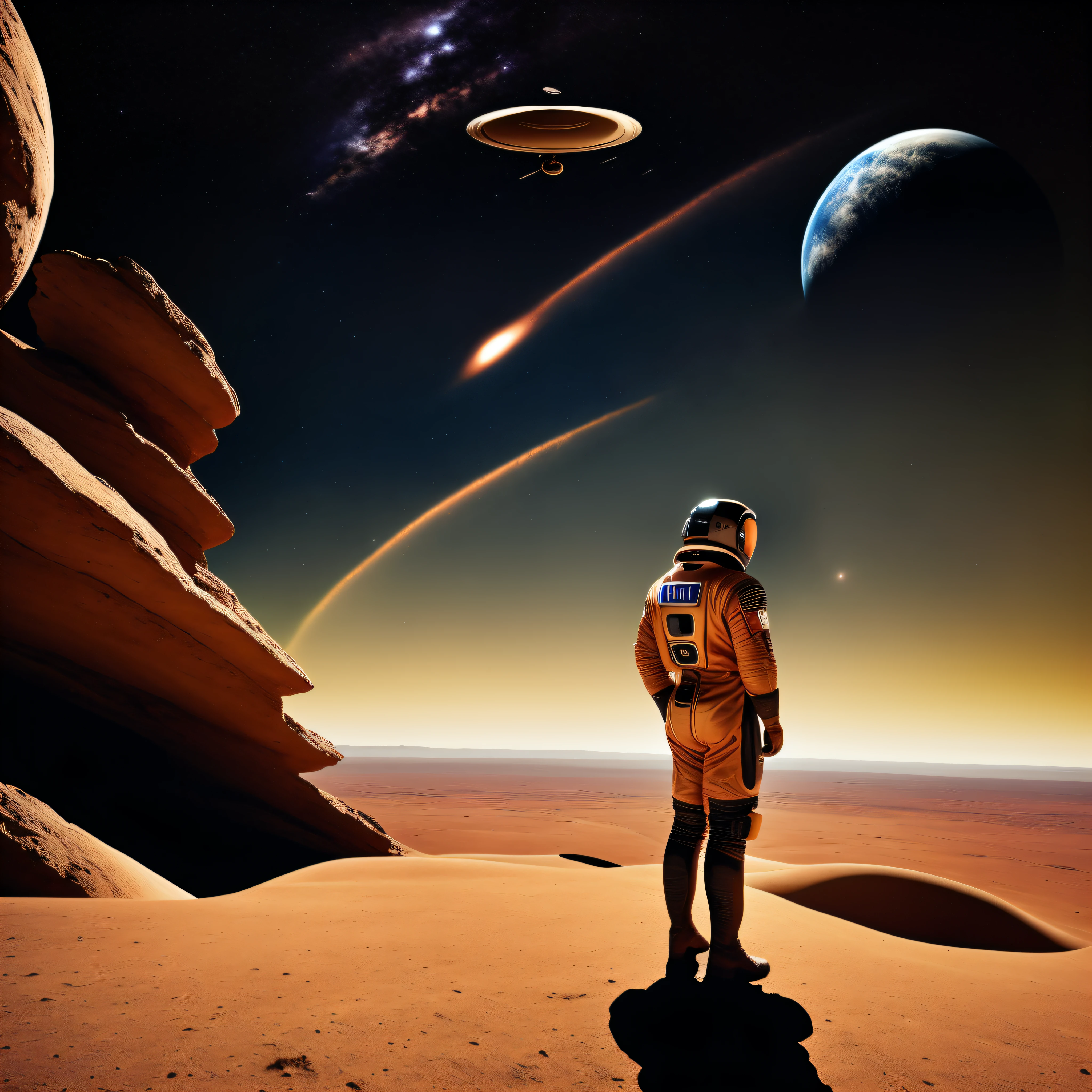 landscape photo, (view from bottom to top) A cosmonaut, standing in a desert looking up, (several galaxies in the sky), several broken hearts on the horizon, noir style, art deco, soviet art