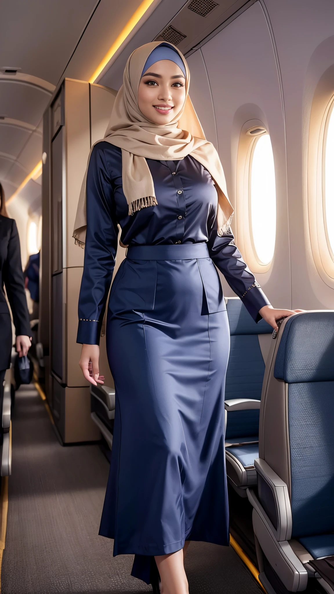 RAW, Best quality, high resolution, masterpiece: 1.3), beautiful Malay woman in hijab (iu:0.8),1woman, 、very detailed face、Detailed lips、Detailed eyes(、Smiling while walking slowly down the aisle)、( Long flight attendant uniform: 1,2)(long skirt),(Glamorous body)、(Big breasts)、thighs, Perfect fit, Perfect image realism, Background with: (Business Class aisle on the plane: 1.2), Cowboy Shot, Deep background - in , detailed costumes, perfect lighting, hyper-realism, (photorealistic: 1.4), maximum resolution 8K, (masterpiece), highly detailed, professional