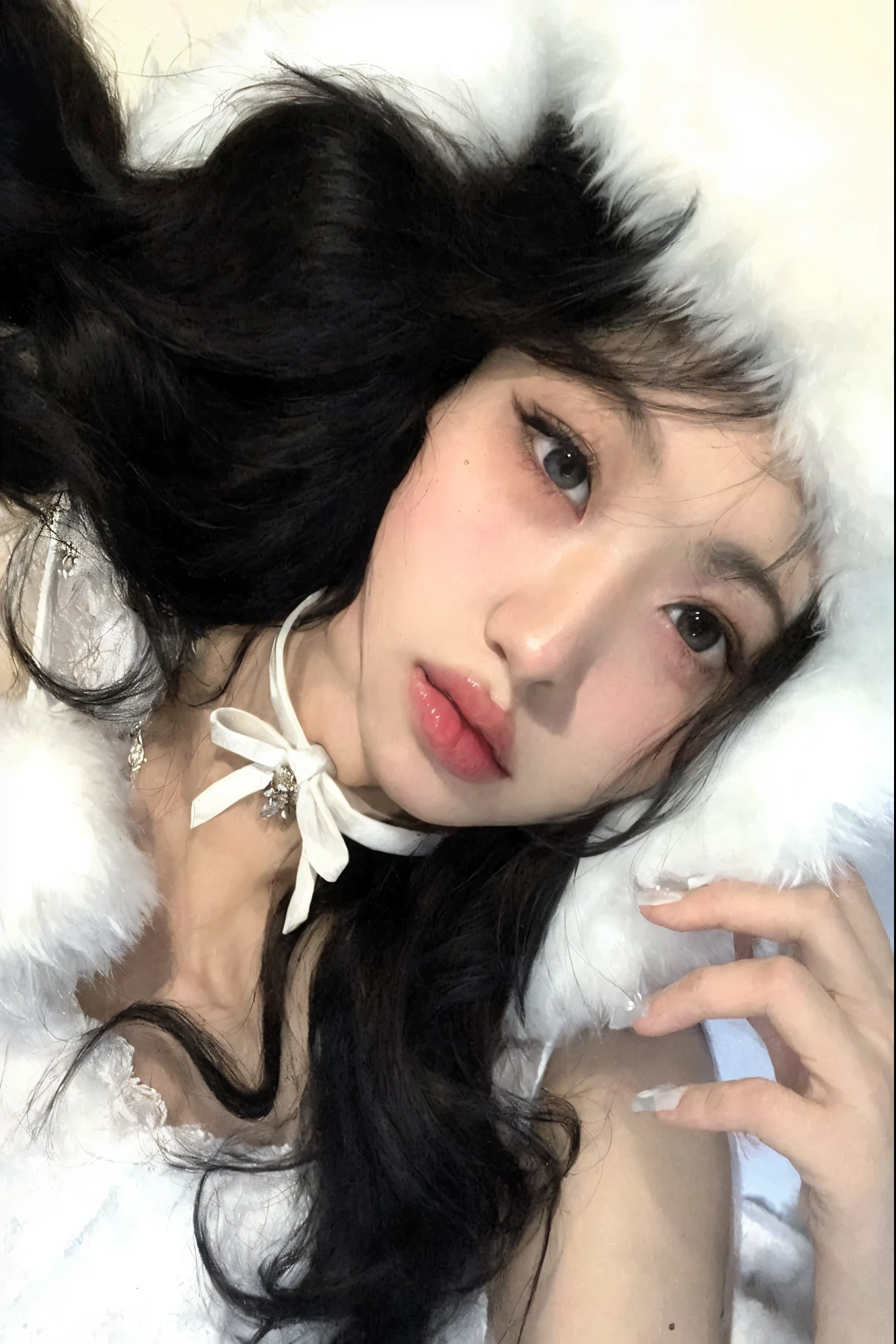 araffe woman with long black hair and a white fur hat, Ulzzang, pale, snow-white skin, garota cara fofa, clear, high-quality lips, adorable and pale korean face, young pale and beautiful asian face, muito linda gatinha fofa, cruel korean goth girl, young lovely korean face, beautiful aesthetic face, com cabelos longos e olhos penetrantes