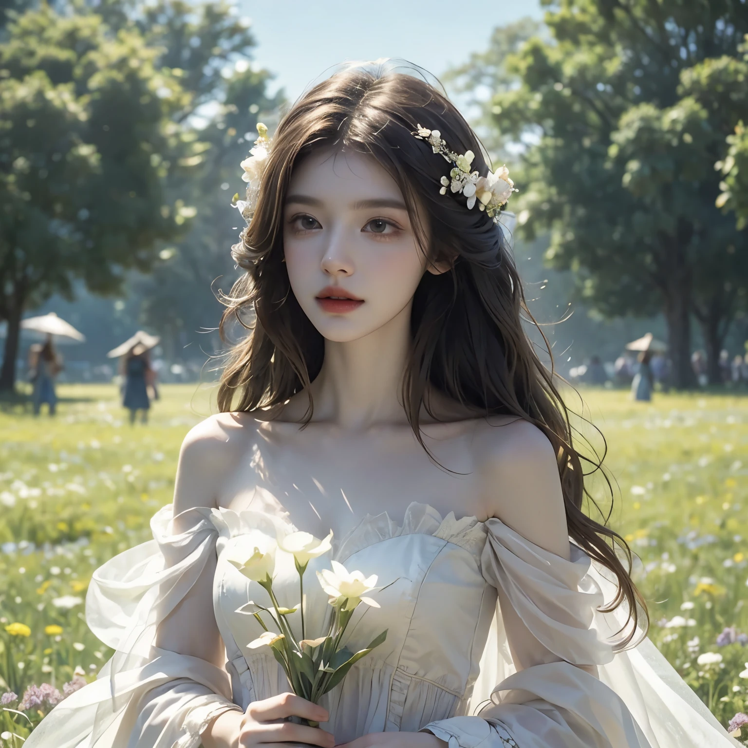 ((perfect face))(masterpiece)a woman in a long dress standing in a field of flowers, ethereal beauty, dreamy and ethereal, ethereal and dreamy, very magical and dreamy, extremely beautiful and ethereal, ethereal fairytale, ethereal fantasy, ethereal!!!, ethereal!!!!!!!, incredibly ethereal, lost in a dreamy fairy landscape, very ethereal, a goddess in a field of flowers, girl looks at the space