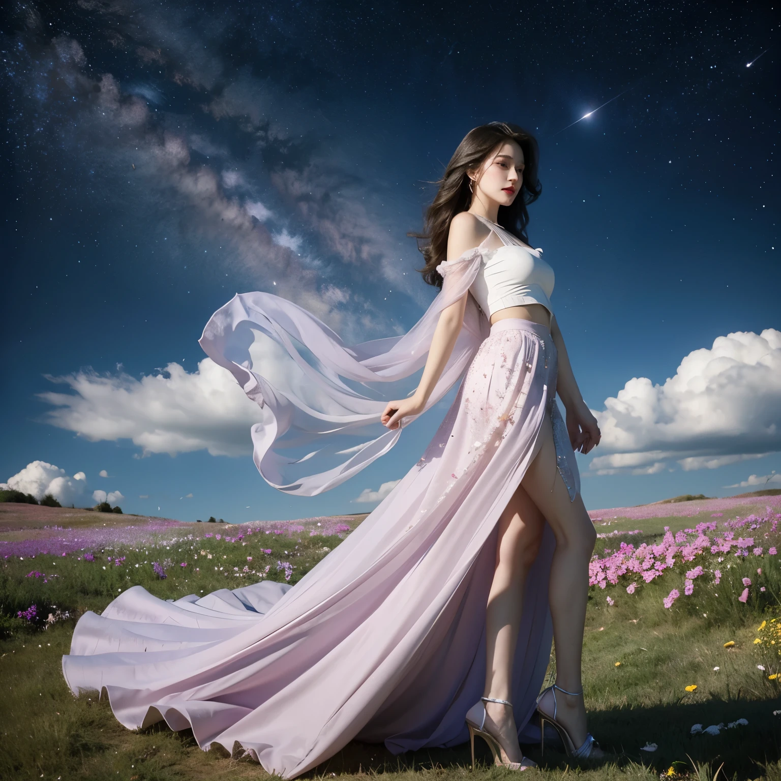 A beautiful photo,beautiful face,Detail of face,A fairy,Beautiful gesture,long black hair,purple skirt,Light skirt,Translucent skirt,Skirt where the body can be seen,A skirt blown by the wind,Hydrated and shiny skin,jewelry,jewelry,Noble fairy,standing,purple high heels,profile,Straight buttocks,plump butt,huge breasts,The meadow is full of flowers,Sky,cloud,starry sky