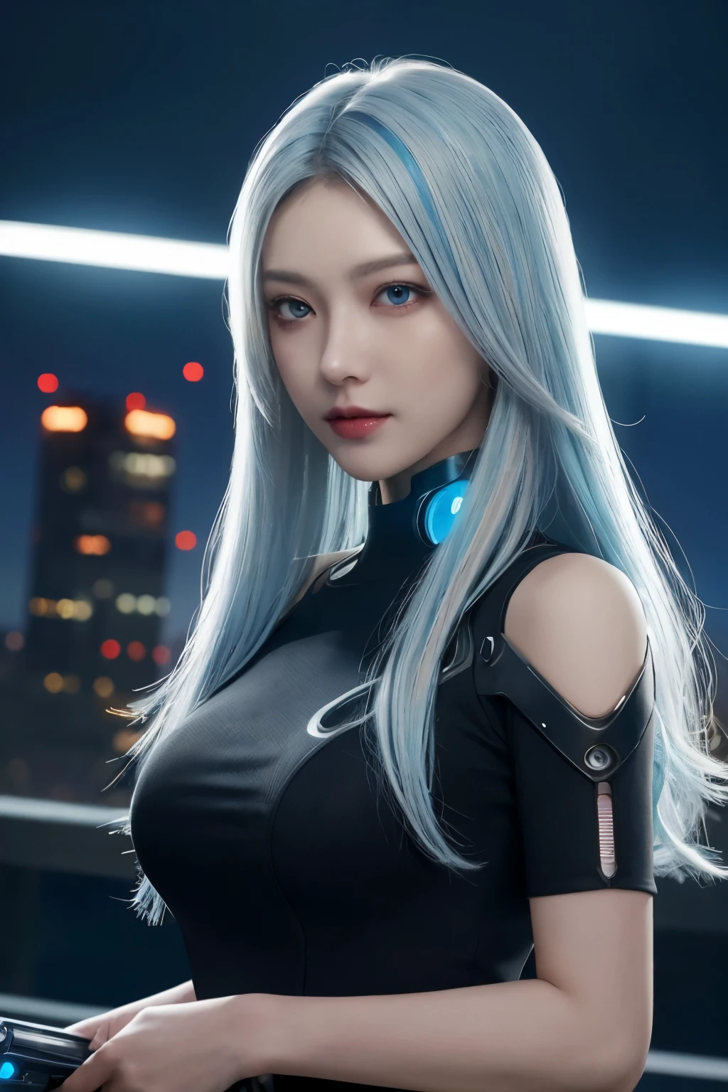 cyberpunk, best quality, masterpiece, illustration, actual, photo-actual, Astonishing, fine details, Extremely ridiculous, File size is huge, Super detailed, high resolution, Extremely detailed CG unified 8k wallpaper, Mechanized body，whole body, 韩式五官酷似当红女星的美丽whole body照. 她拥有cyberpunk的机械四肢和发光的身体部位. her skin reflective，long white hair，Wearing glowing mechanized clothes. There are electronic lines on her skin. She has pink and blue eye shadow, White Korean style long hair parted in the middle and blue highlights, and a glowing eye. She also has cybernetic implants in her face, neck, and weapons. The background is a cityscape illuminated by neon lights at night,. Using ray tracing and volumetric lighting.