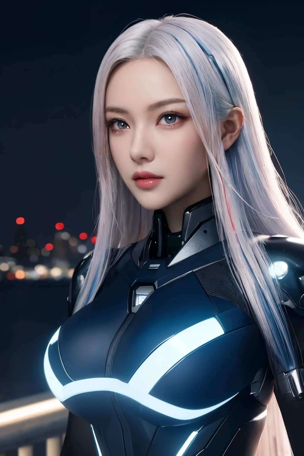 cyberpunk, best quality, masterpiece, illustration, actual, photo-actual, Astonishing, fine details, Extremely ridiculous, File size is huge, Super detailed, high resolution, Extremely detailed CG unified 8k wallpaper, Mechanized body，whole body, 韩式五官酷似当红女星的美丽whole body照. 她拥有cyberpunk控制论四肢和发光的身体部位. her skin reflective，long white hair，Wearing luminous mechanized clothes. Her skin was covered with crystal drops of water from the heavy rain。. She has pink and blue eye shadow, White Korean style long hair parted in the middle and blue highlights, and a glowing eye. She also has cybernetic implants in her face, neck, and weapons. The background is a cityscape illuminated by neon lights at night, There&#39;s heavy rain and reflective puddles. Using ray tracing and volumetric lighting.