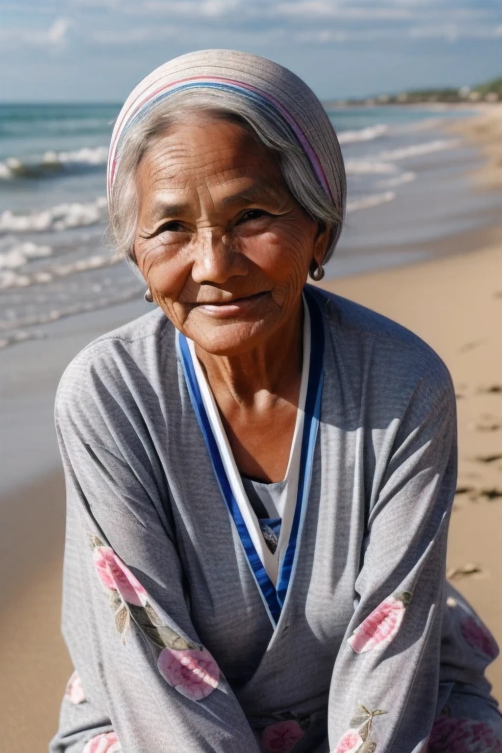 1 girl, photorealistic, realistic, life like, her name is Karriza, she is a Filipina, slim body, long grey hair, brown eyes, ( she is 65-years-old), ((65-years-old woman body)), (wrinkles on face and all over the body), dry age skin texture, sagging skin, ((wrinkles on breast)), Senile Freckles, wearing old woman beach clothes, sitting in the beach, light smile,