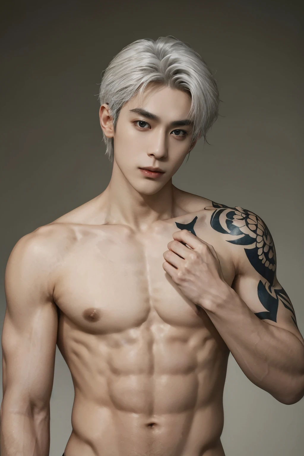 masterpiece, best quality, handsome Asian 25 year old, fair skin male, white hair, perfect face, chest abs, slender, masculine, full body tattoos, 