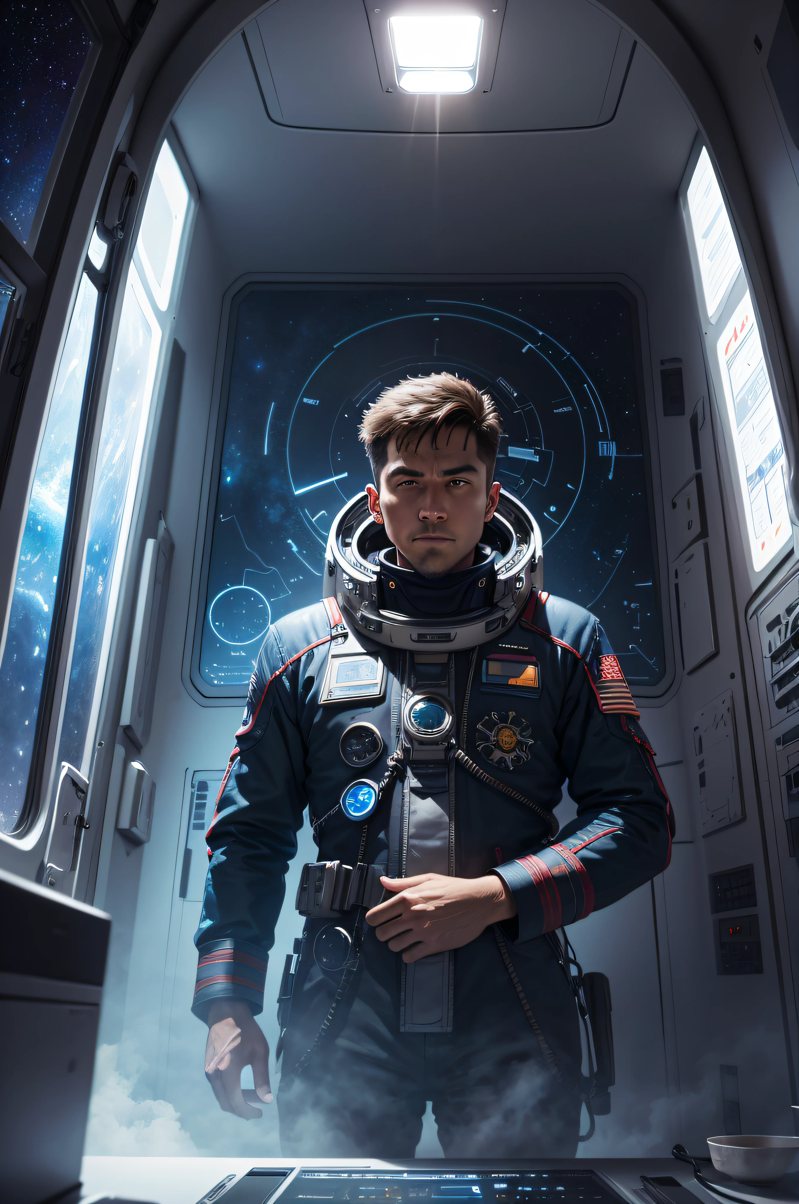 Captain Albert Alexander at the helm of his spaceship. He is standing, looking at the camera with concern. Behind him, you can see a detailed control panel of the spaceship, and a large window through which the magnificence of space can be observed. Stars and nebulas create a magical landscape through the spaceship's window. Art by Mschiffer, ultra detailed illustration, best quality