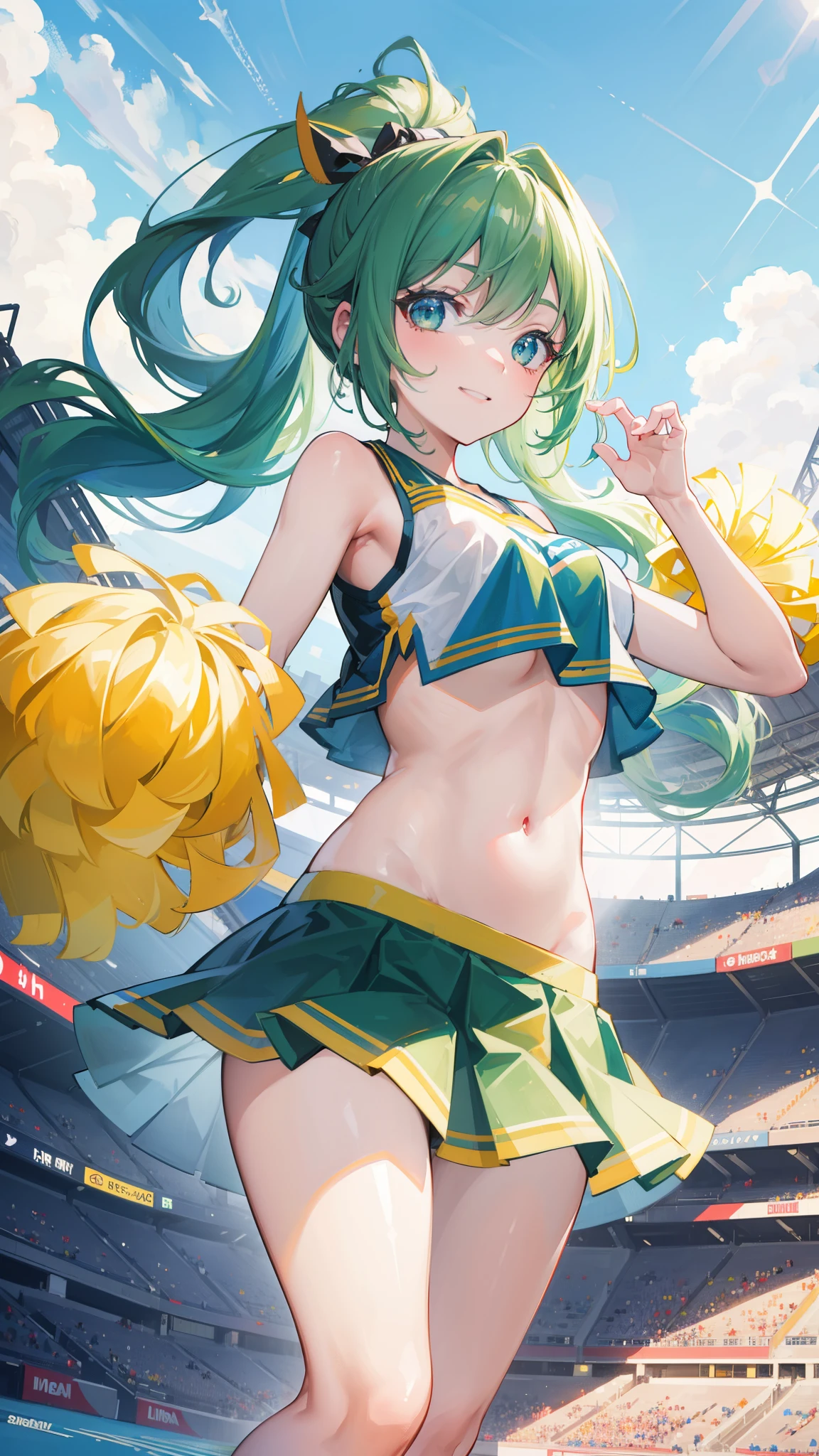 32k, 16k, 8k, best quality, ultra-detailed, high resolution, perfect anatomy, head on, stadium background, cheerleader, high quality eyes, cute girl, peek from below, happy smile, ligth green hair, acrobatic pose,