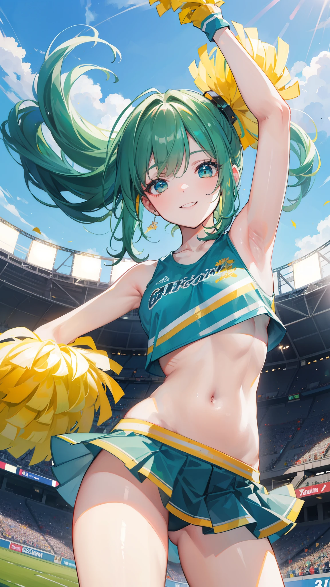 32k, 16k, 8k, best quality, ultra-detailed, high resolution, perfect anatomy, head on, stadium background, cheerleader, high quality eyes, cute girl, peek from below, happy smile, ligth green hair, acrobatic pose, 