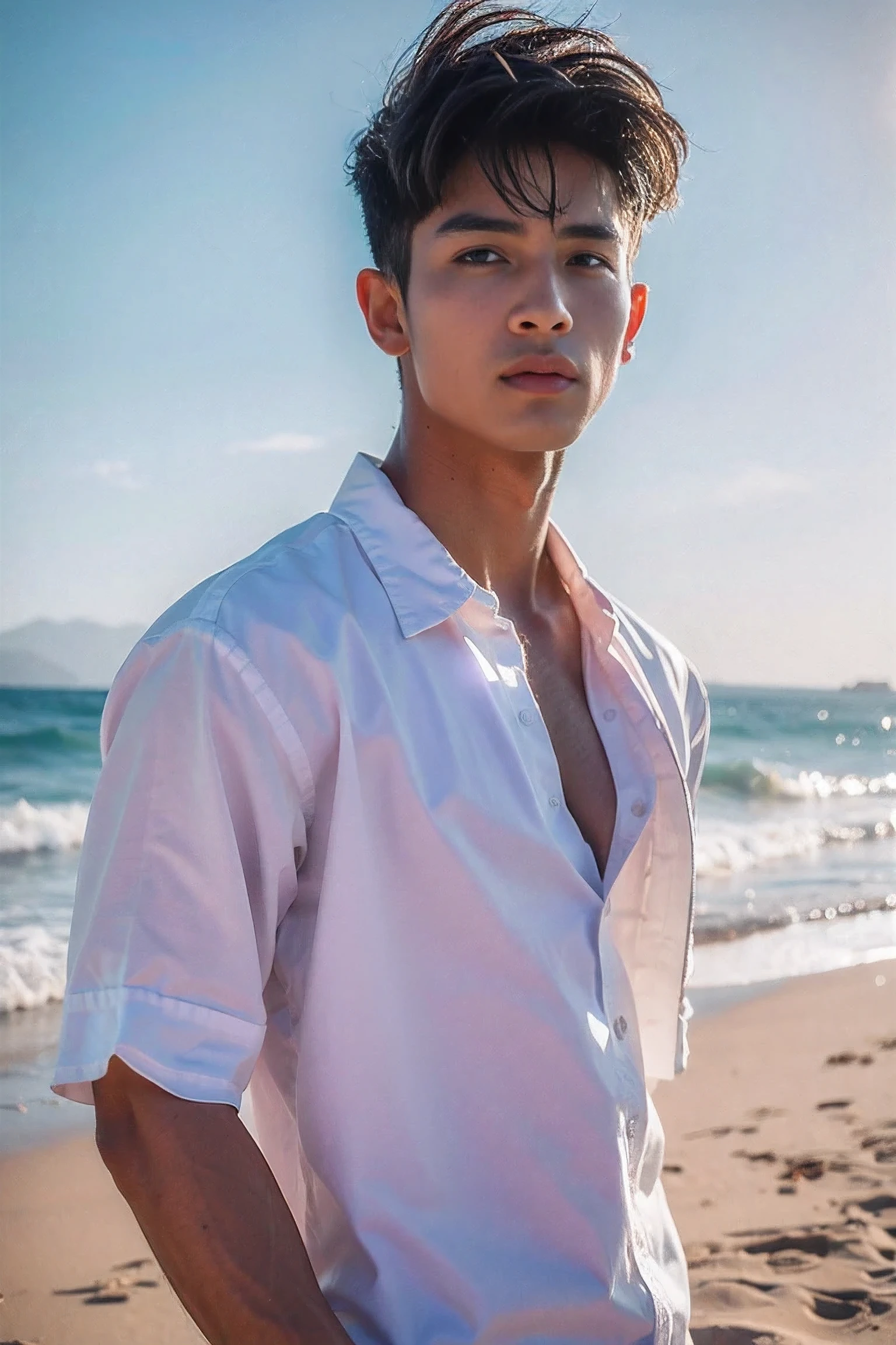 Realistic photography, The most handsome Thai man ,big loose shirt ,beach