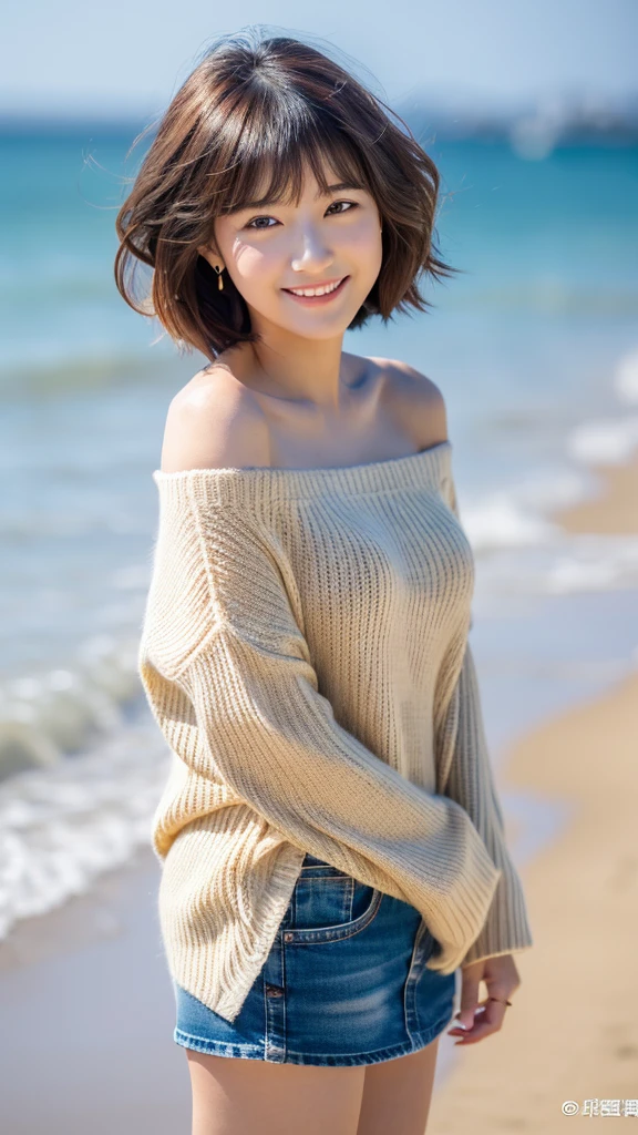 (8k、RAW photo、highest quality)、(realistic、Photoreal:1.37)、beautiful and detailed face、Face Detail Textures、Fine and beautiful skin、skin texture、超A high resolution、Beige off-shoulder large sweater、denim mini skirt、Full body shot、Beautiful and thin legs、short cut hair、美しいjapanese woman、美しいyoung女性と、Asian、japanese woman、Beautiful Asian Girl Ever、young、adorable、Ulzzang、cute face of girl、Portrait of a female idol in Japan、very beautiful girl、coastal、Smile