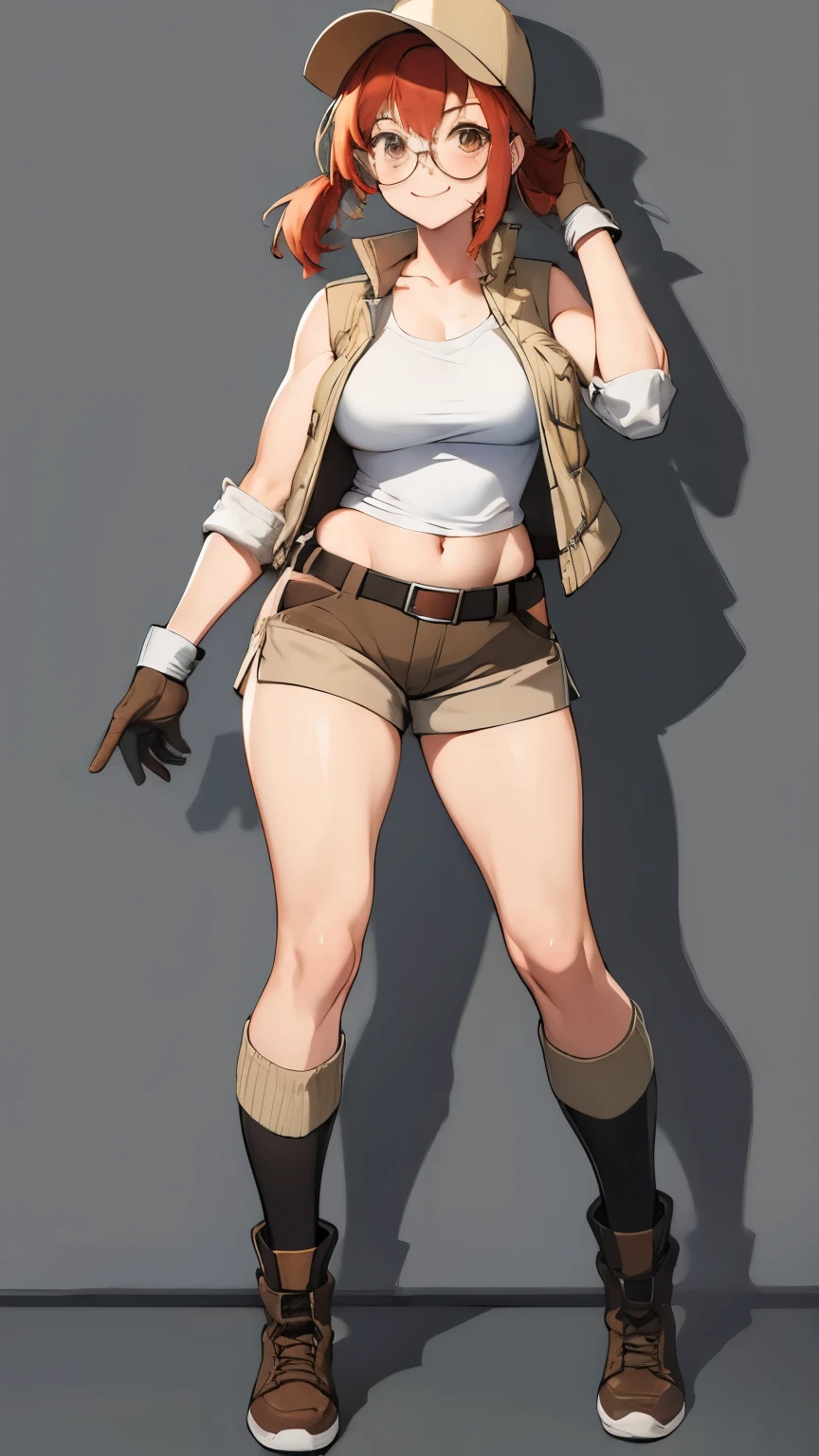 (art, best quality: 1.2), illustration, 8K, high definition, 1, alone, torso, (portrait: 1.2), large breasts, circular glasses, has, upper cut, belly, gloves, navel, baseball cap, protectors knee high, short shorts, ponytailed hair, boots, brown eyes, brown shorts, belt, smile, package, brown belt, red hair, hip opening, vests, long hair, vest,