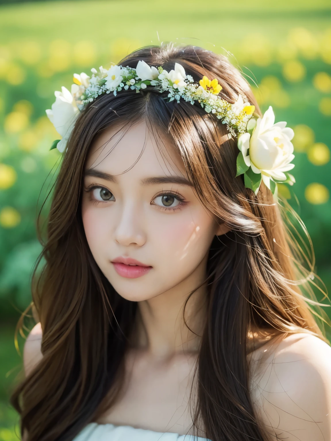 （（perfect face））（Detail of face）a woman with a flower crown in a field of flowers, lotus floral crown girl, flower crown, ethereal beauty, she has a crown of flowers, white flower crown, the flower crown, flower tiara, floral crown, high quality portrait, 🌺 cgsociety, guweiz, ethereal hair, she has a crown of dried flowers, amazing flower tiara，Eyes looking into the camera