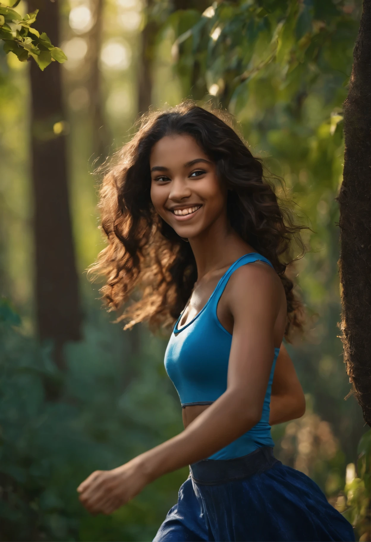 A girl around , with a smiling face revealing two dimples and a set of bright, even teeth, is running forward. Her hair is very black, and there are many trees around her. Her head is slightly tilted upward, wearing a blue outfit.